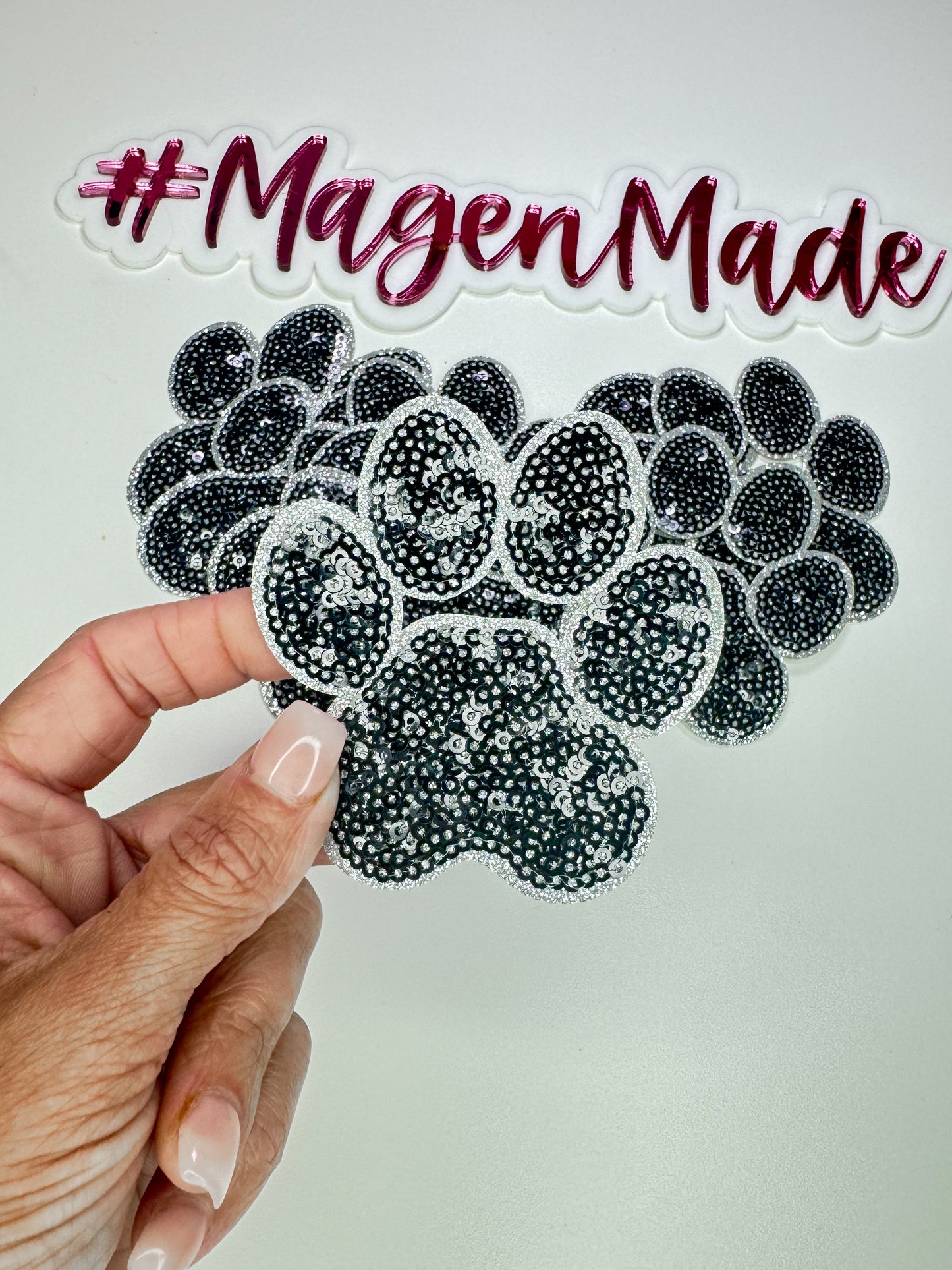 Black paw print sequin patch