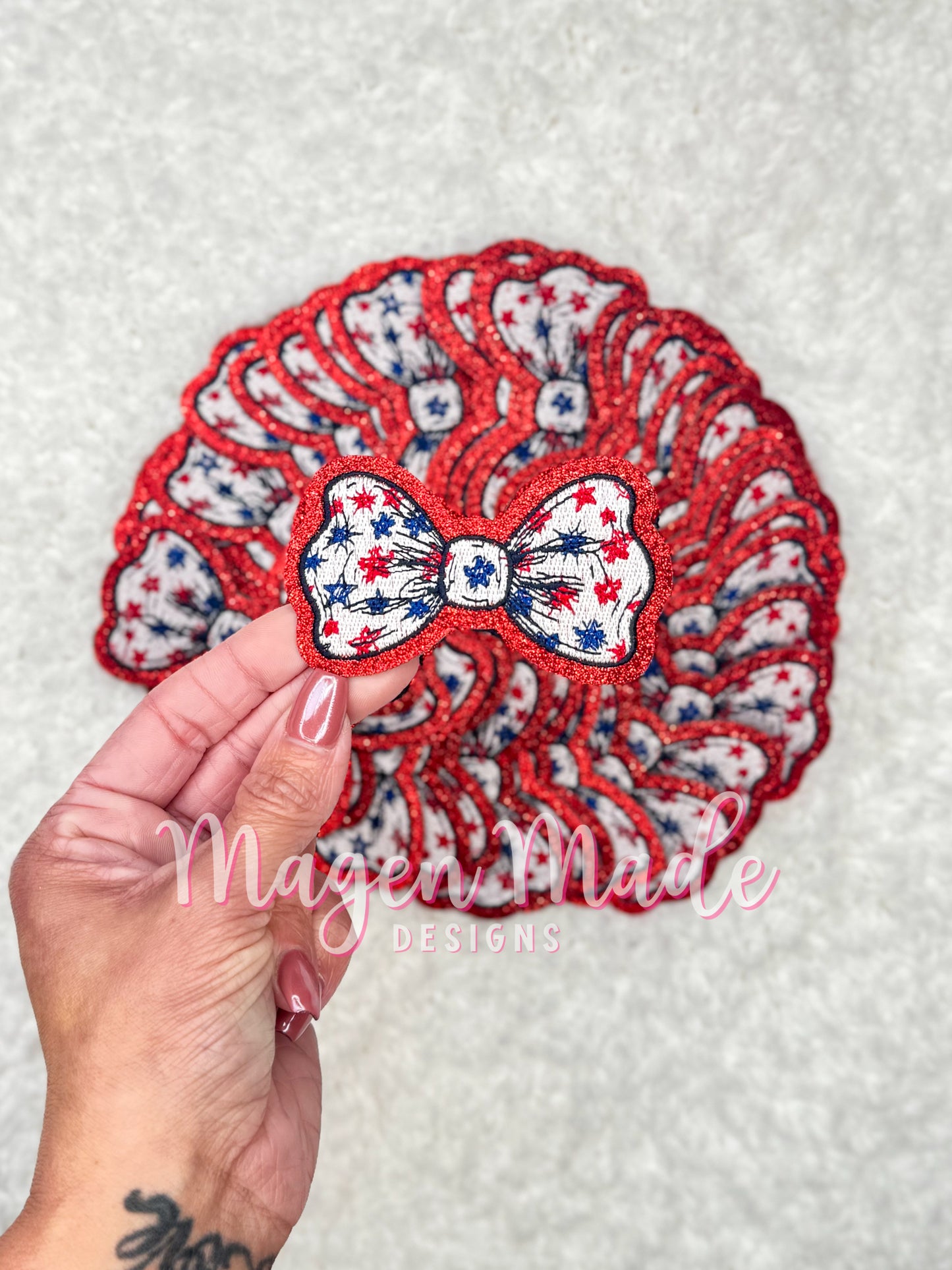 White Bow with Red And Blue Stars Embroidered & Glitter Patch