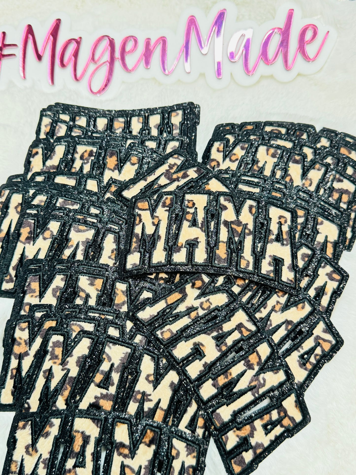 Leopard Mama With Black Glitter Embroidered Patch
