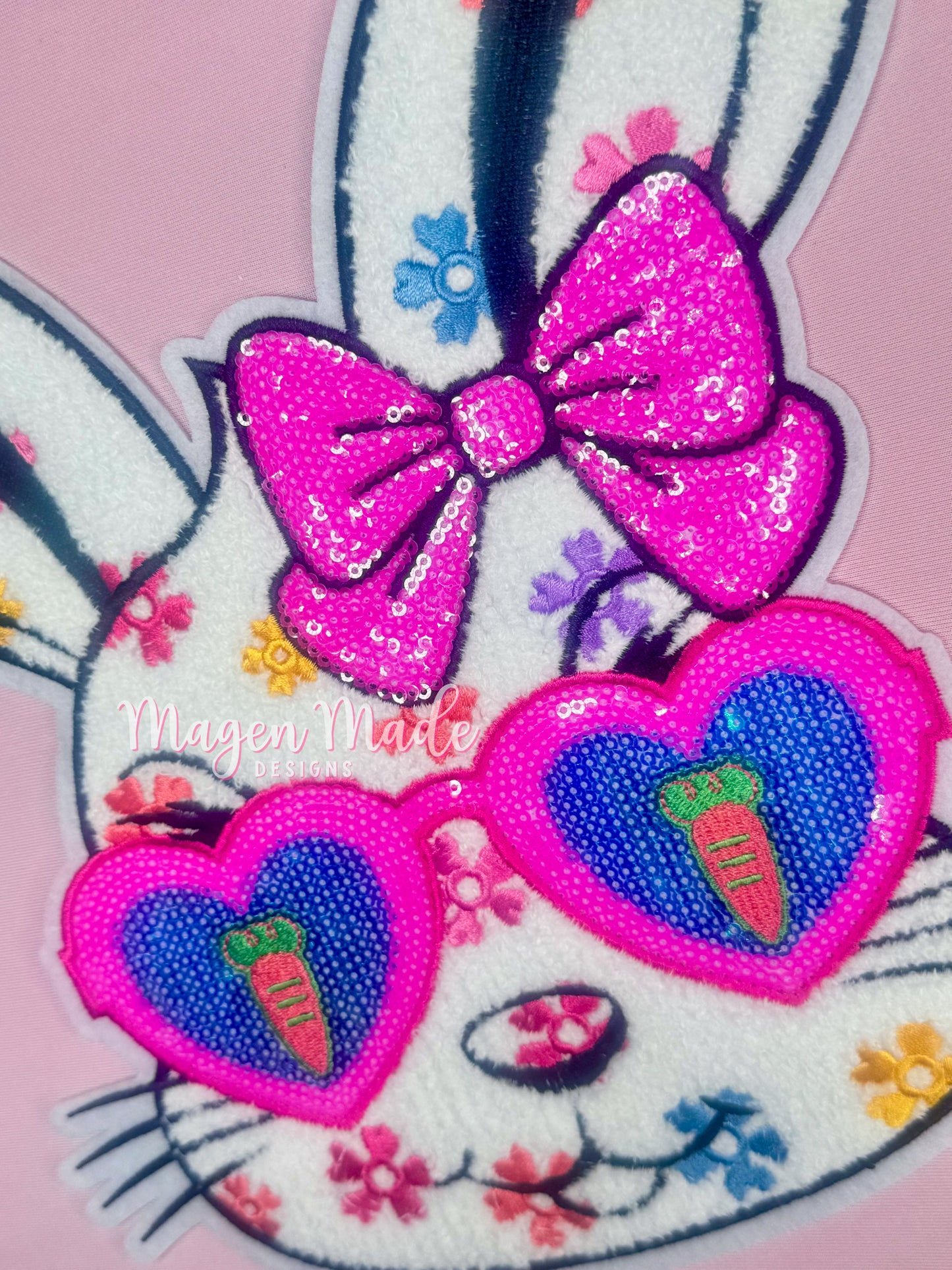 Carrot Eyed Bunny Chenille & Glitter Iron On Patch