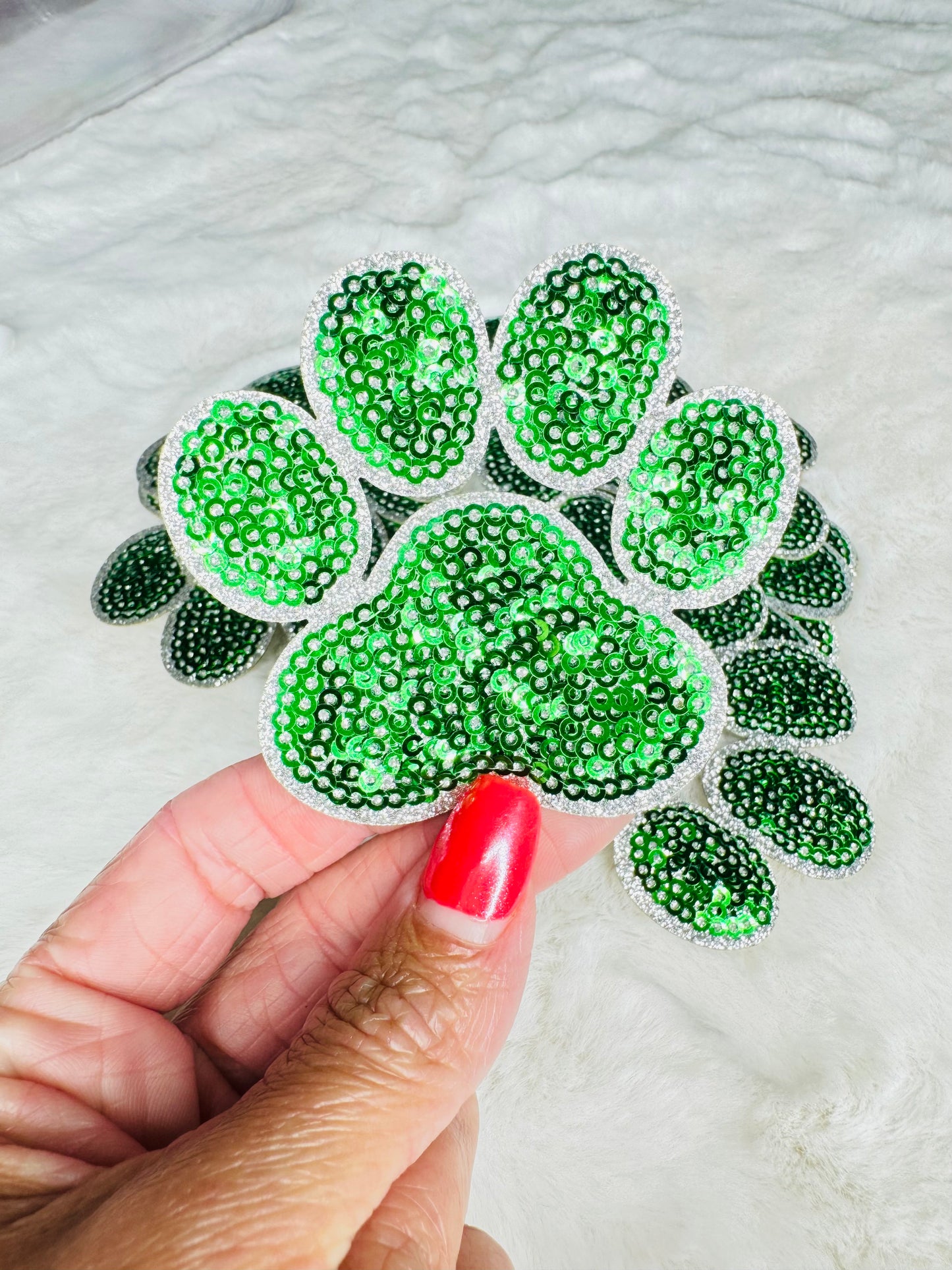 Green sequin paw patch