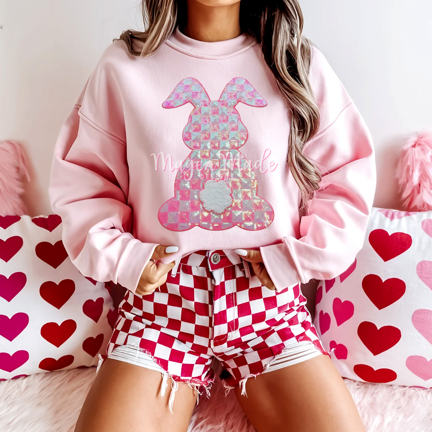 Pink Checkered Bunny Sequins Patch