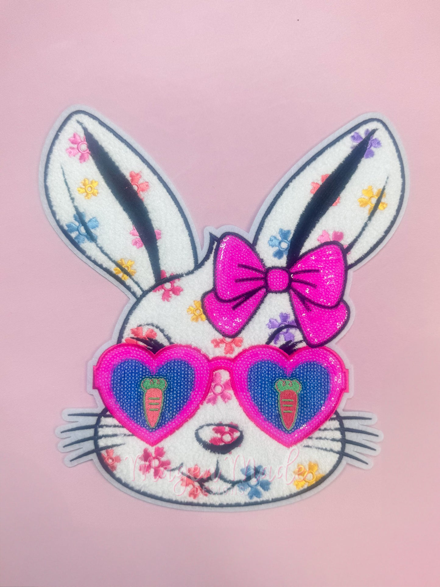 Carrot Eyed Bunny Chenille & Glitter Iron On Patch