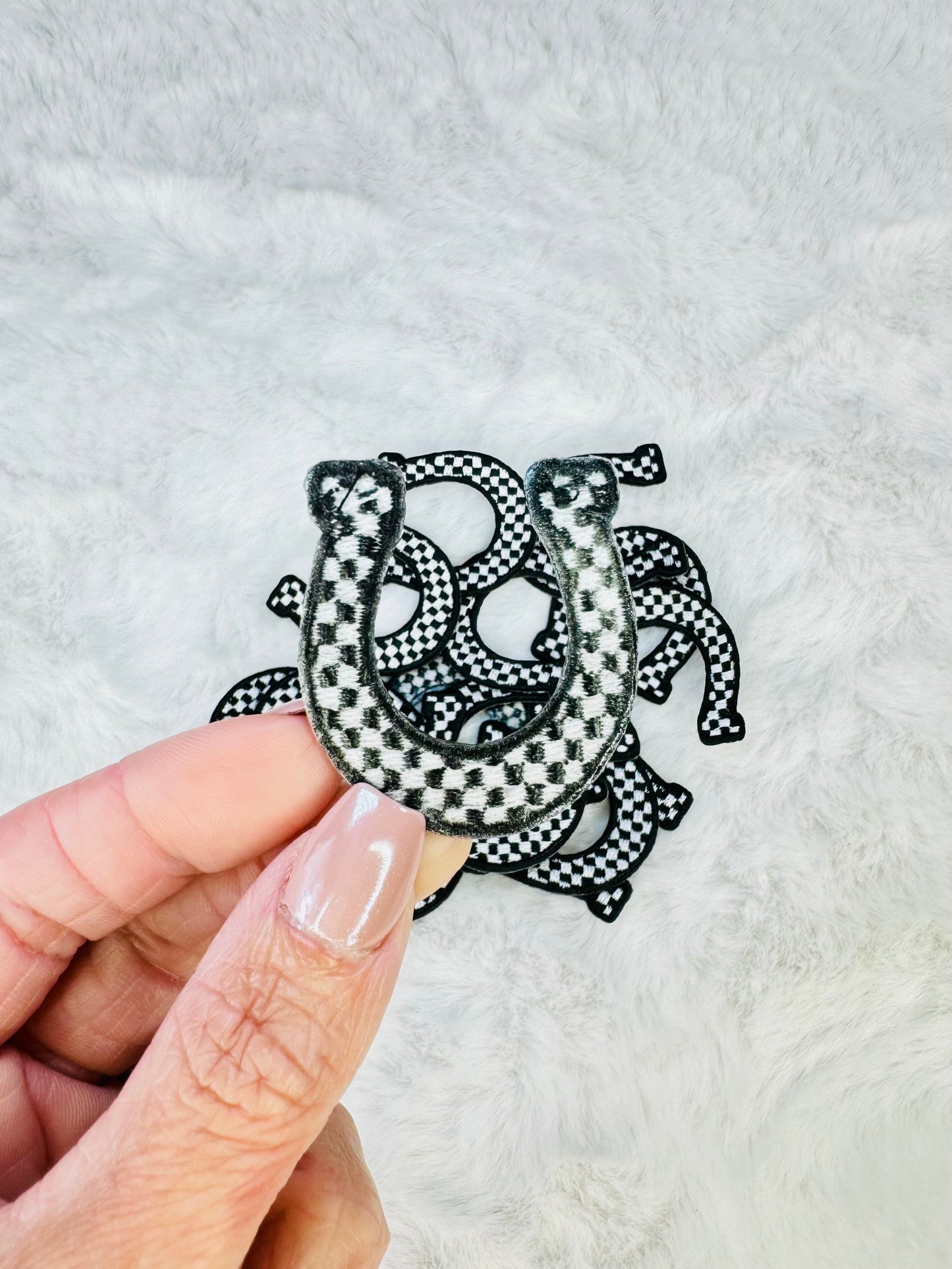 Black & White Checkered Mini Horseshoe Embroidered Patch