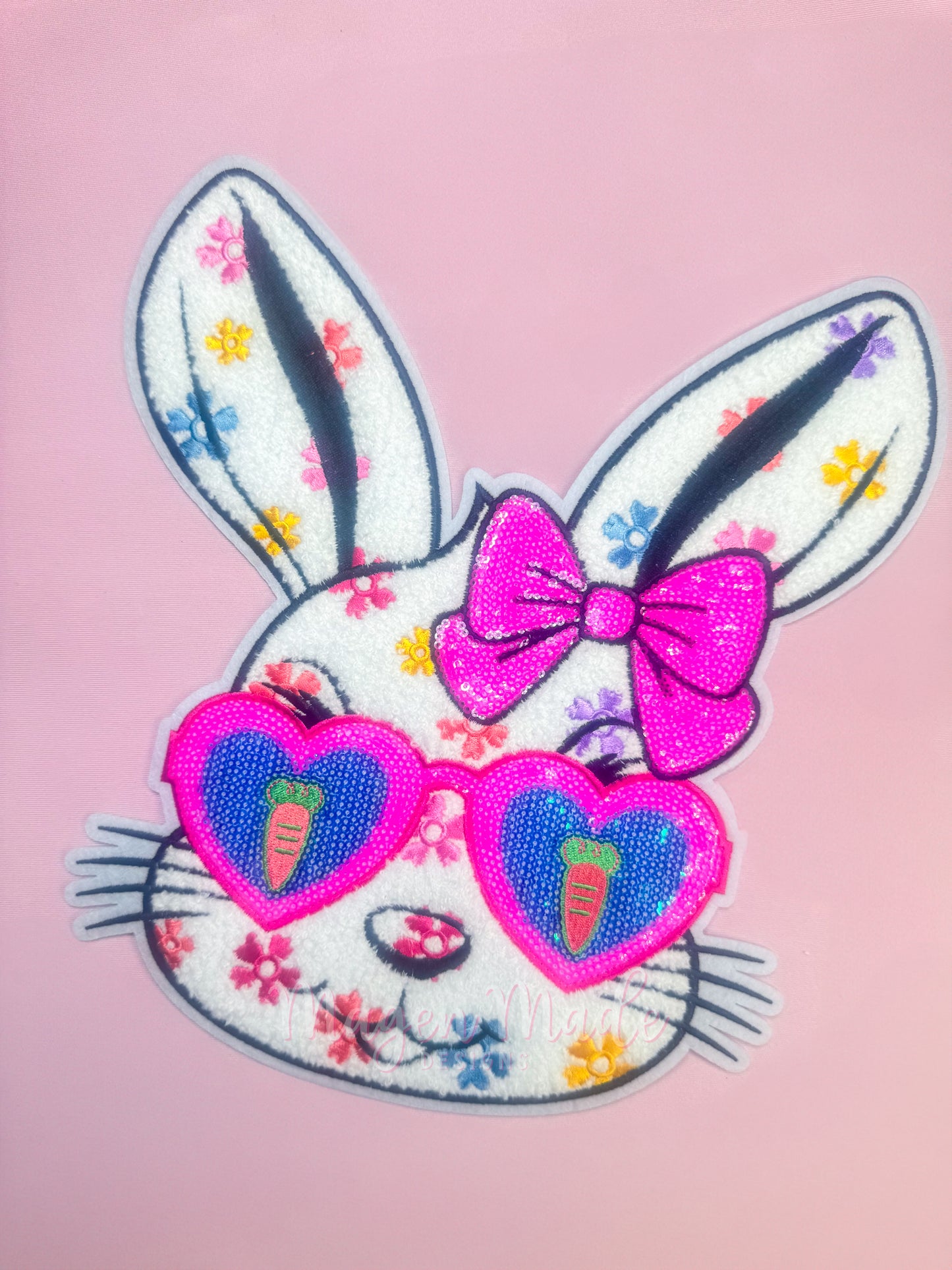 Carrot Eyed Bunny Chenille & Glitter Iron On Patch