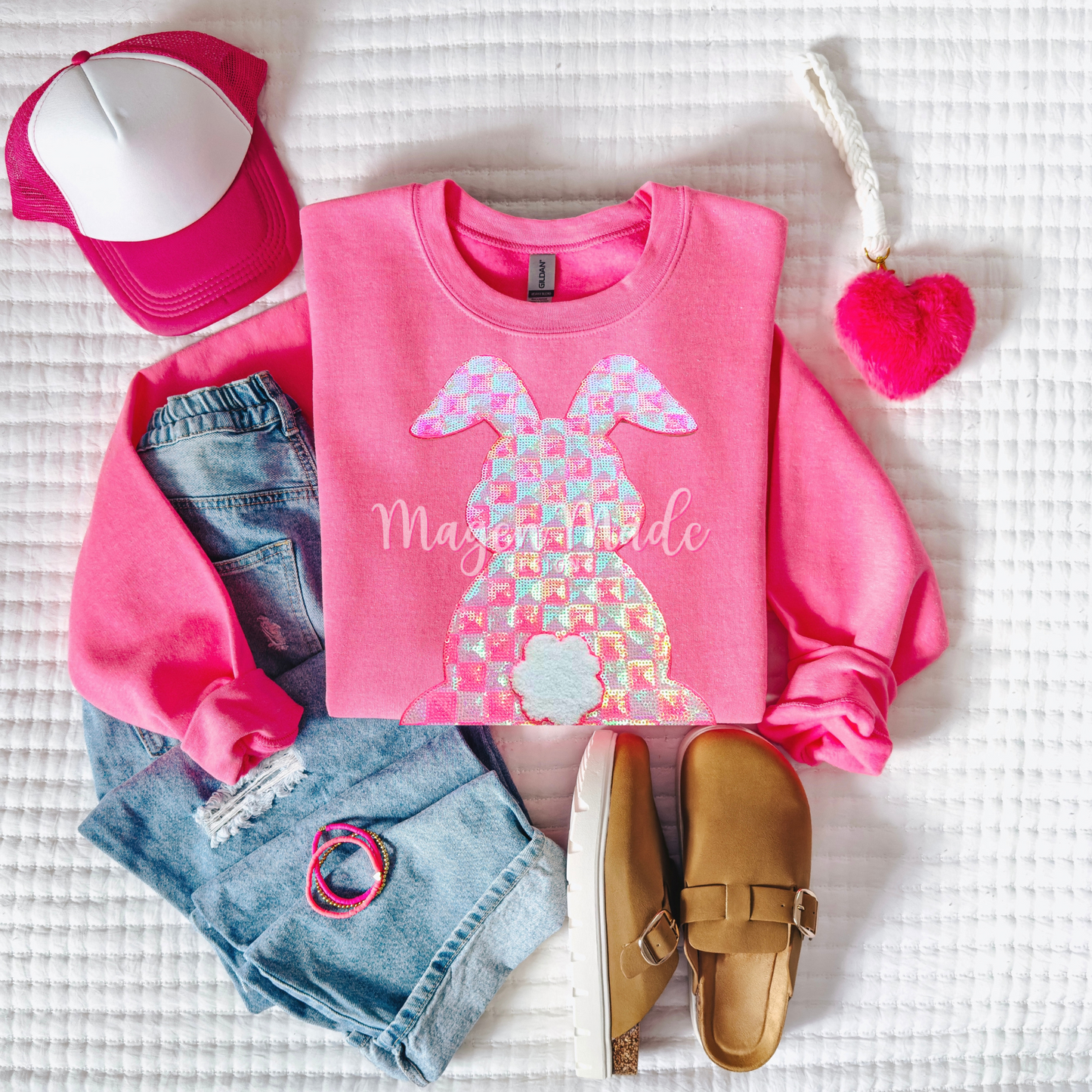 Pink Checkered Bunny Sequins Patch