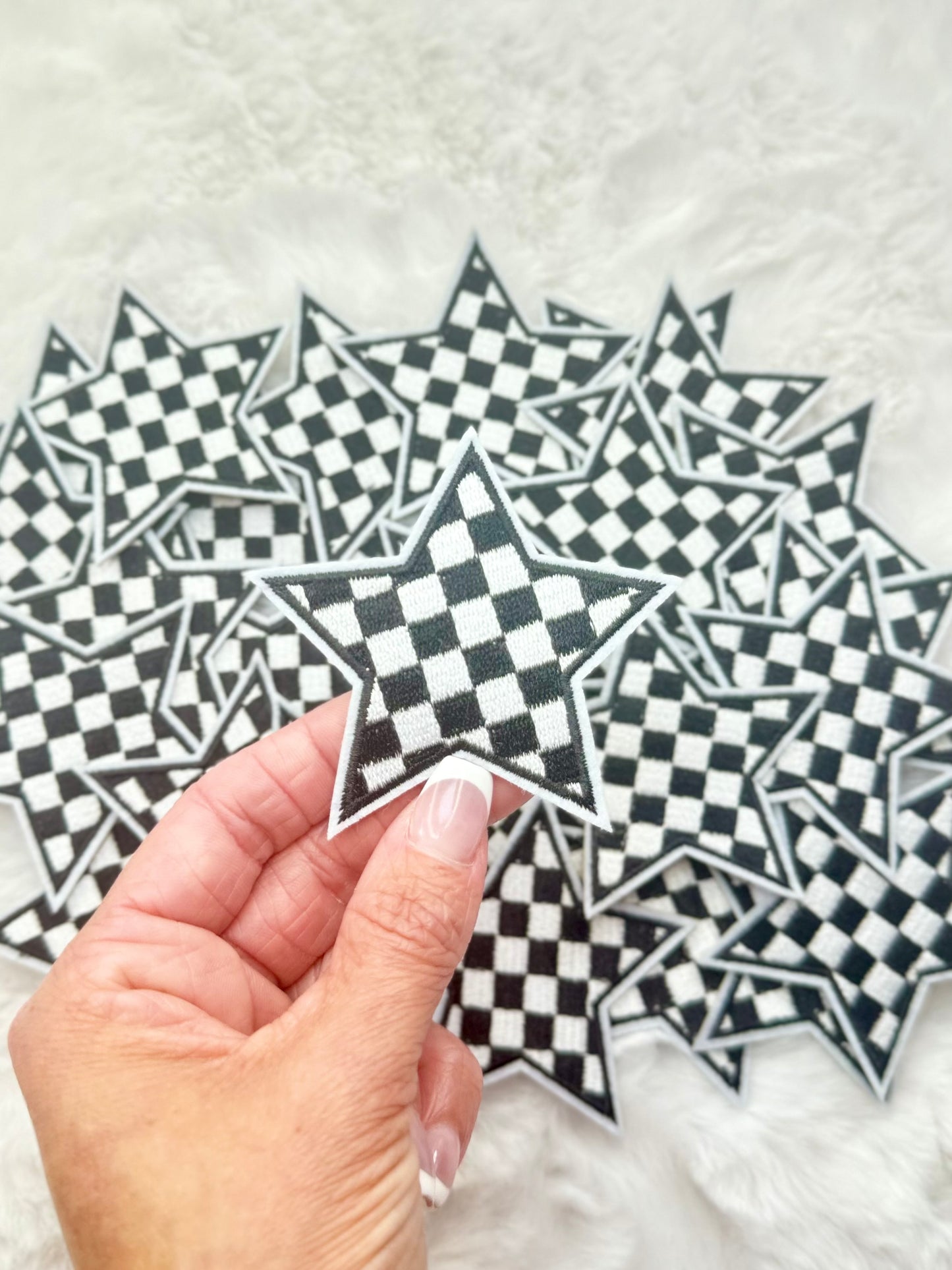 Black and White Plaid Star Embroidered Patch