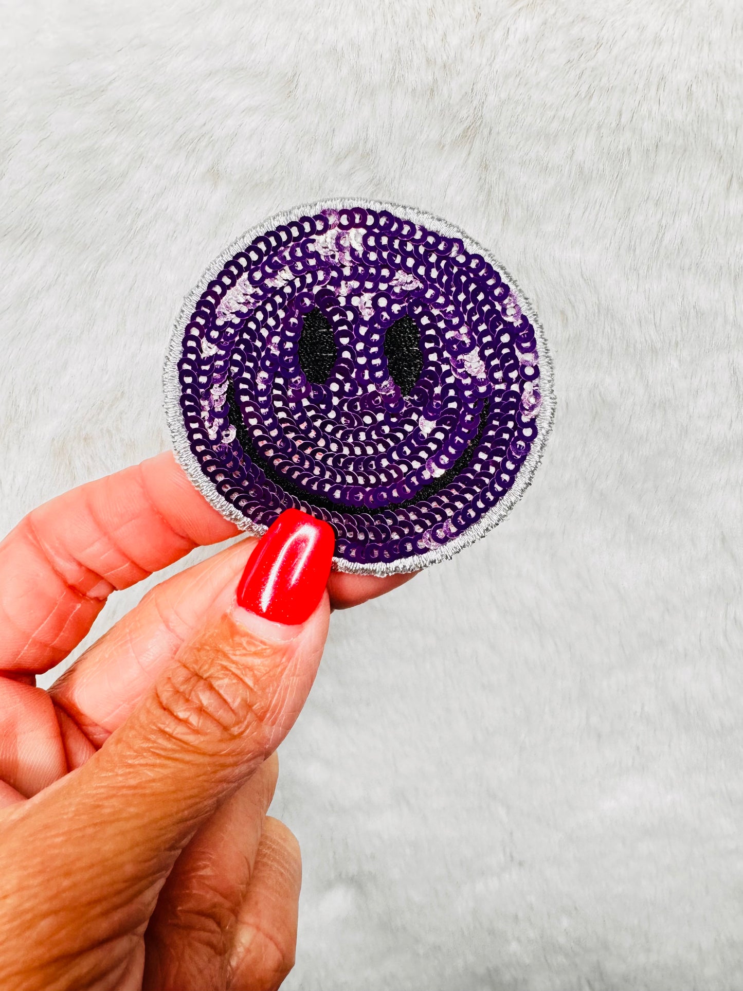 Purple sequin smiley face patch