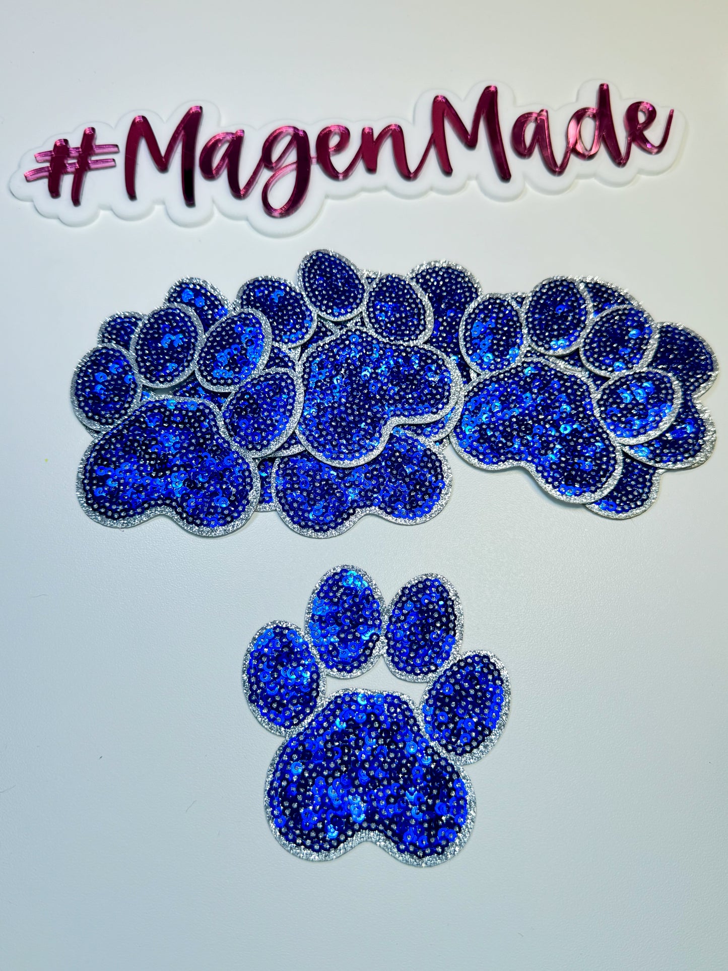 Blue paw prints sequin patch