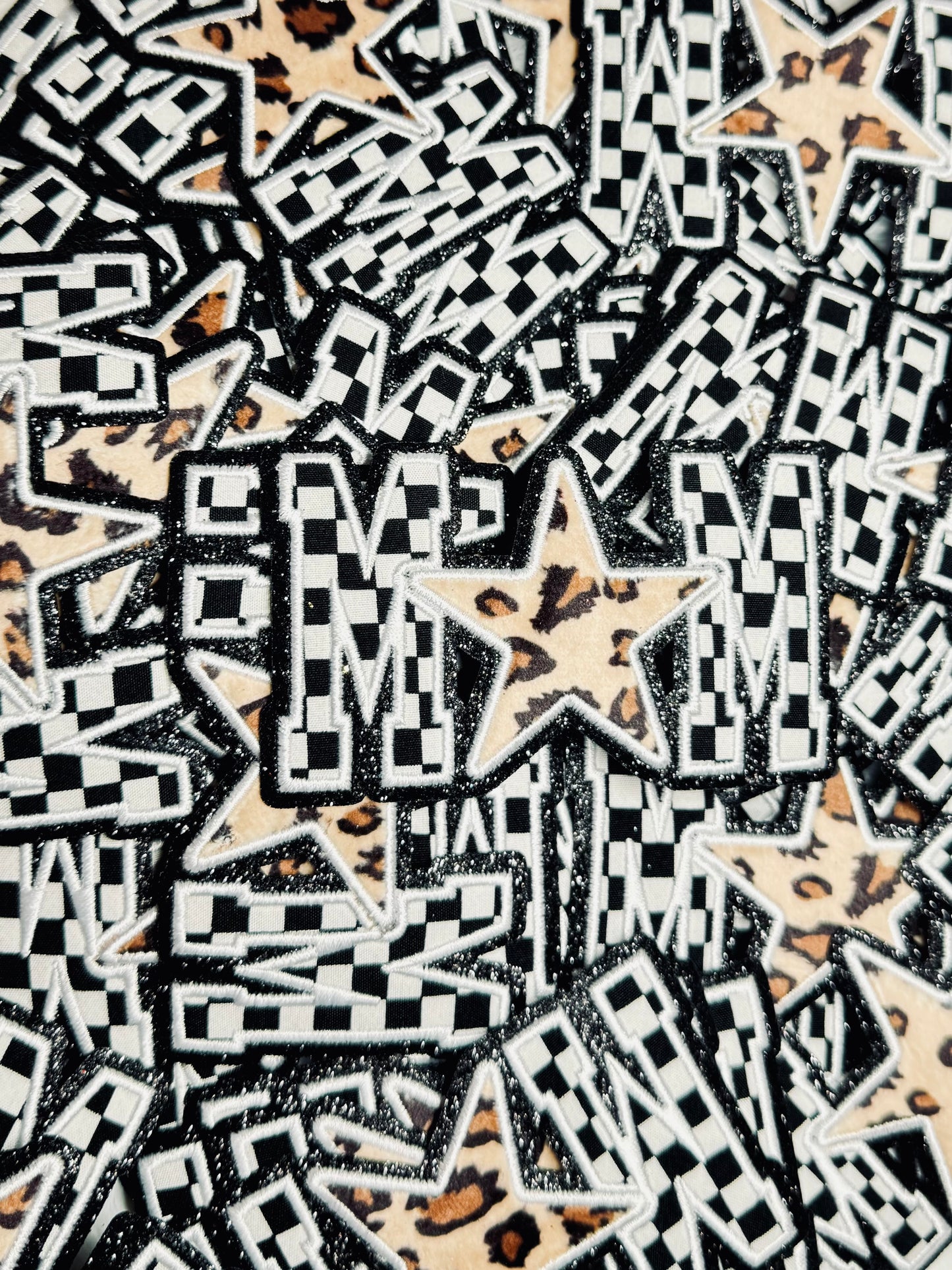 Checkered Mom with leopard and glitter star embroidered patch