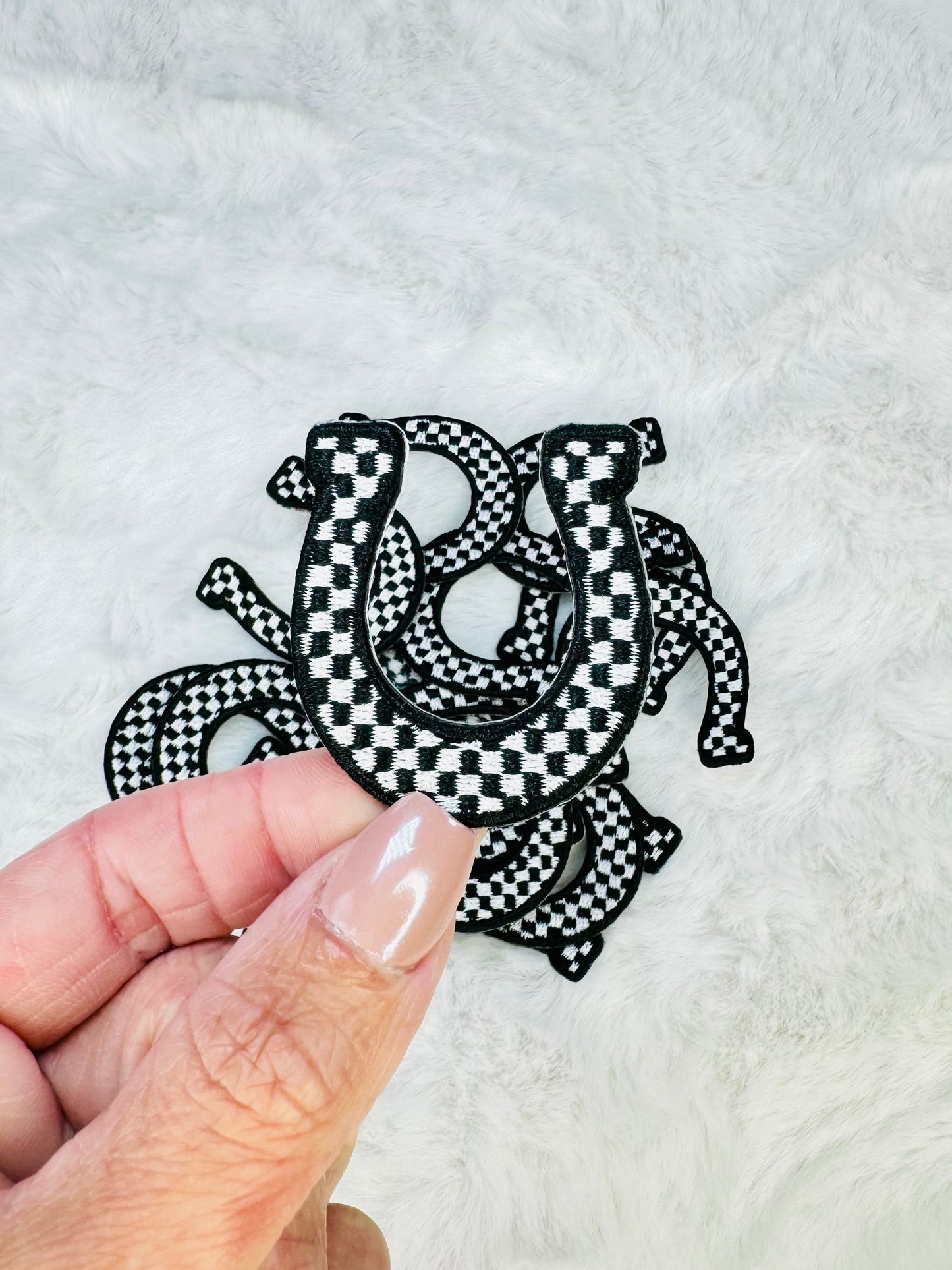 Black & White Checkered Mini Horseshoe Embroidered Patch