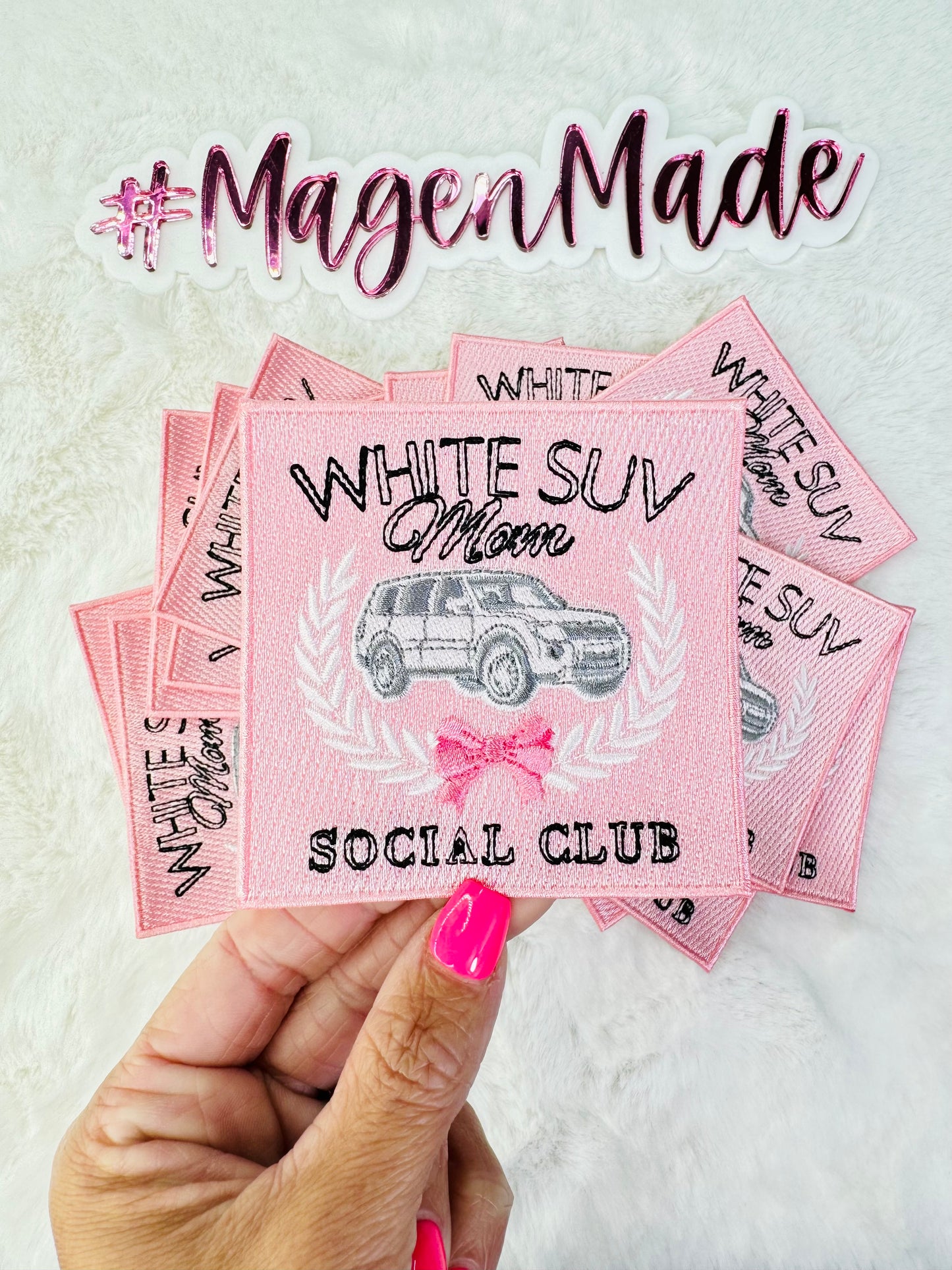 White SUV Moms Social Club Pink Embroidery Patch
