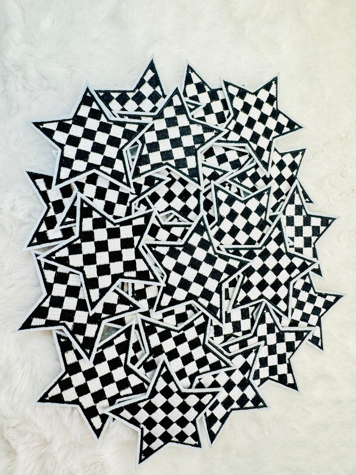 Black and White Plaid Star Embroidered Patch