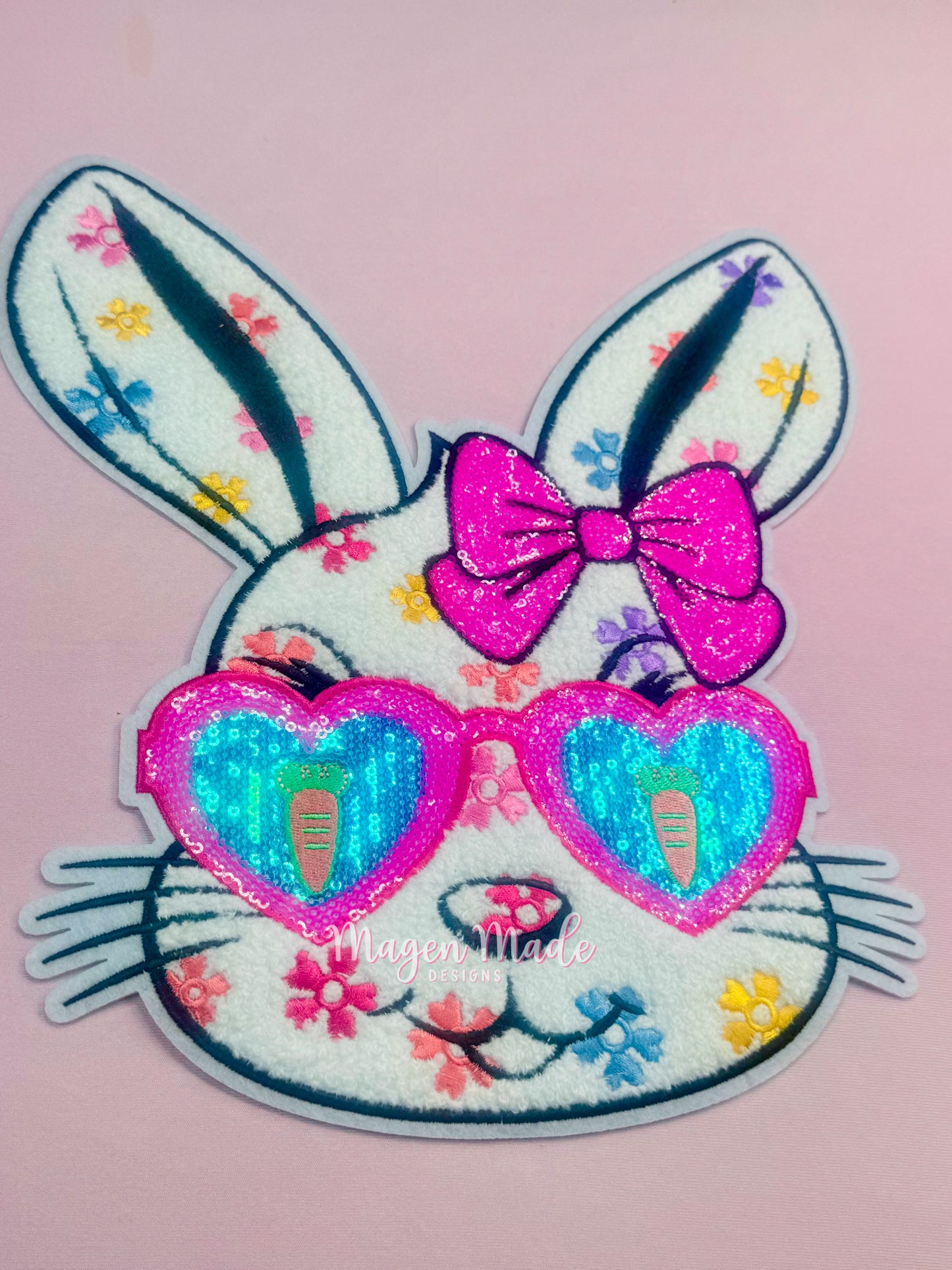 Carrot Eyed Bunny Chenille & Glitter Iron On Patch