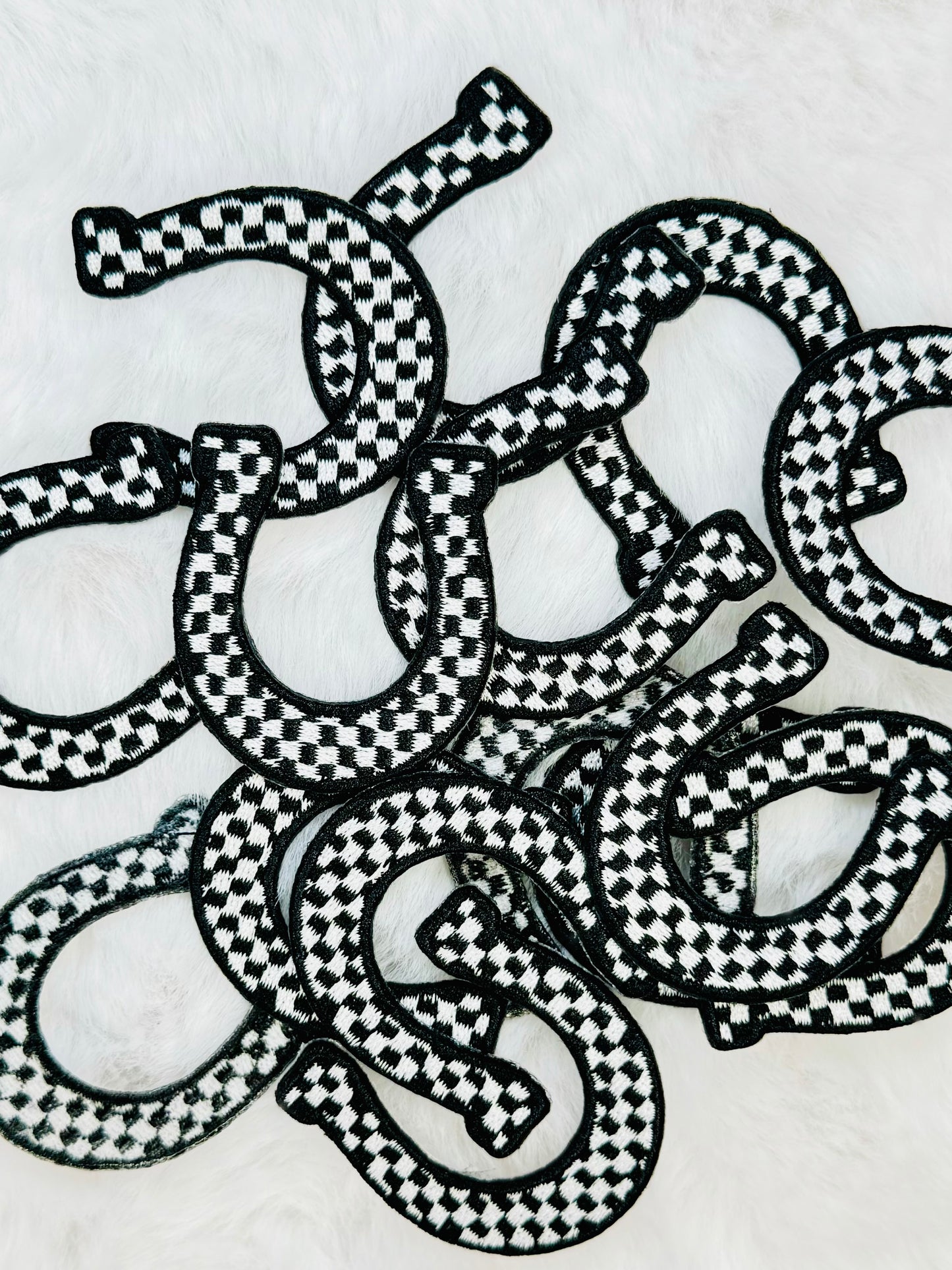 Black & White Checkered Mini Horseshoe Embroidered Patch