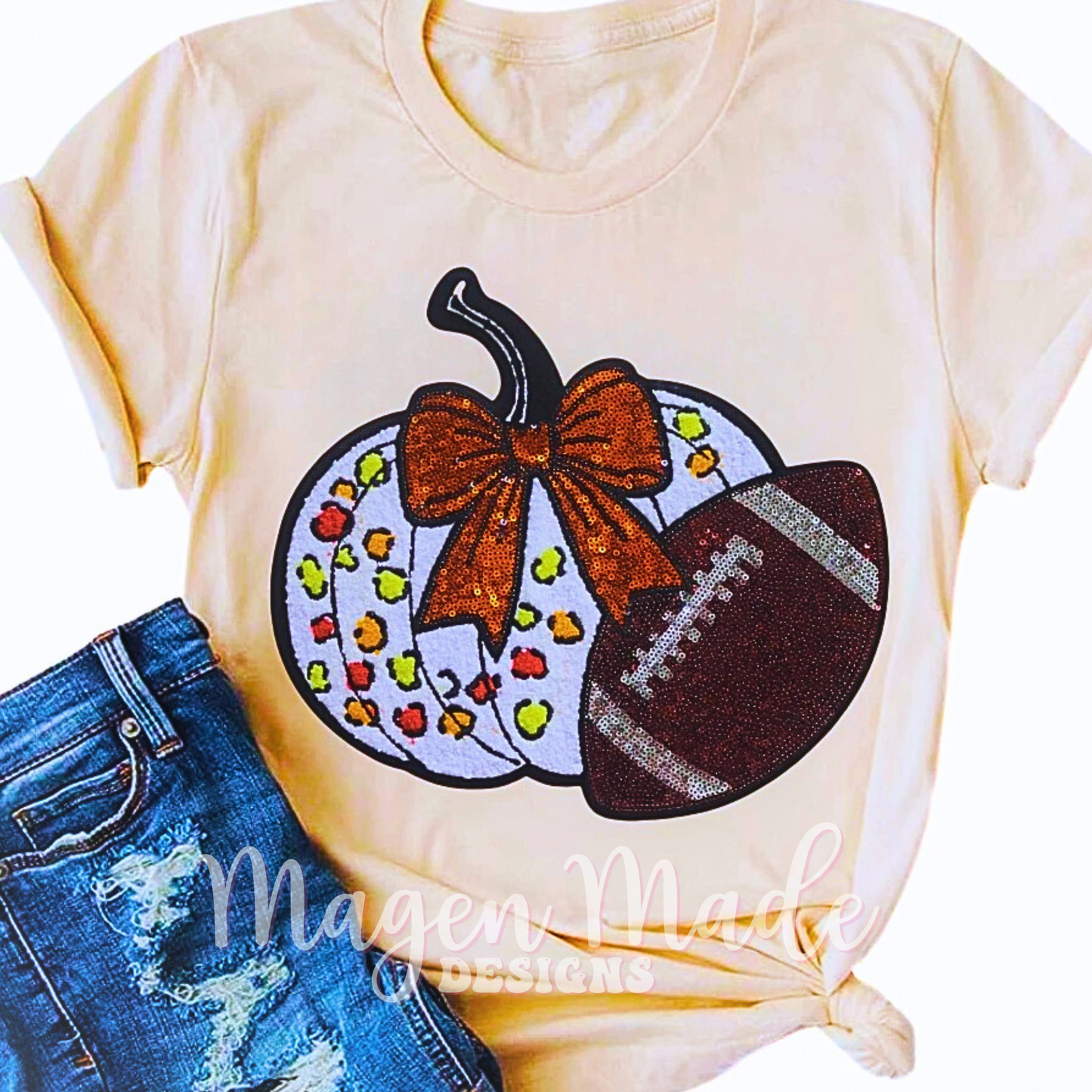 Fall Pumpkin Football Sequin Patch