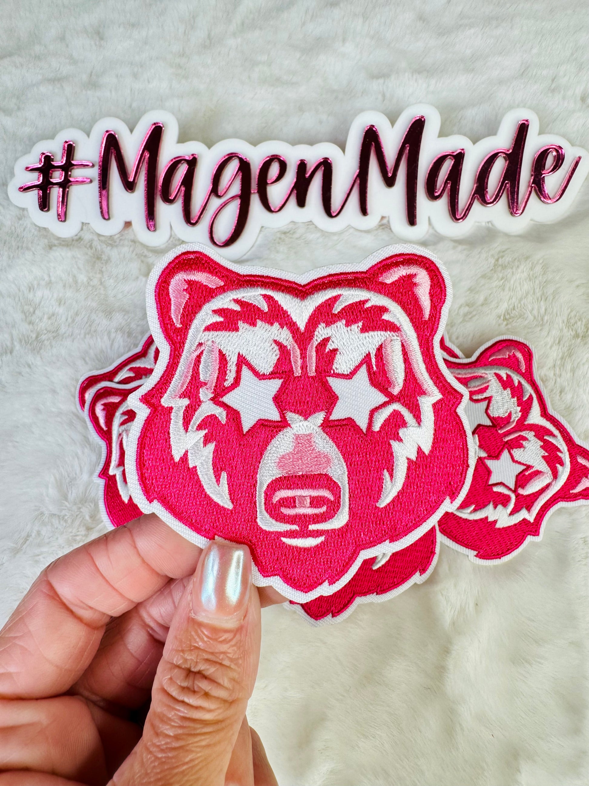 Preppy Pink Bear Mascot Embroidered Patch