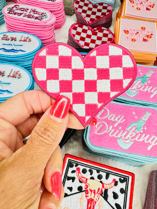 Pink & White Checkered Heart Embroidered Patch