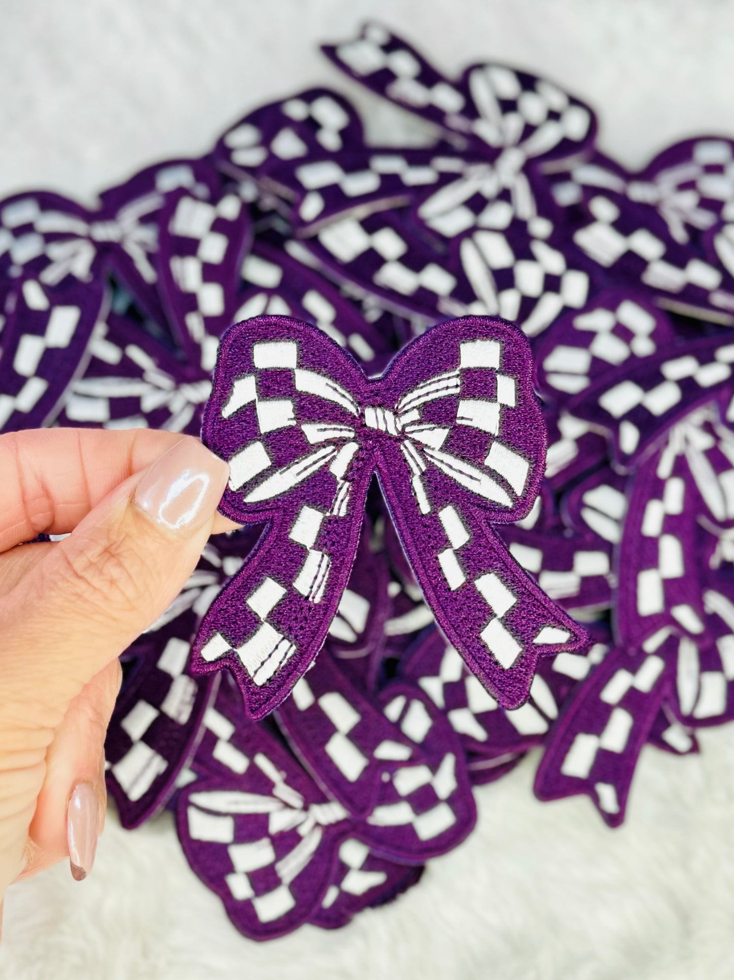 Purple & White Checkered Coquette Bow Embroidered Patch