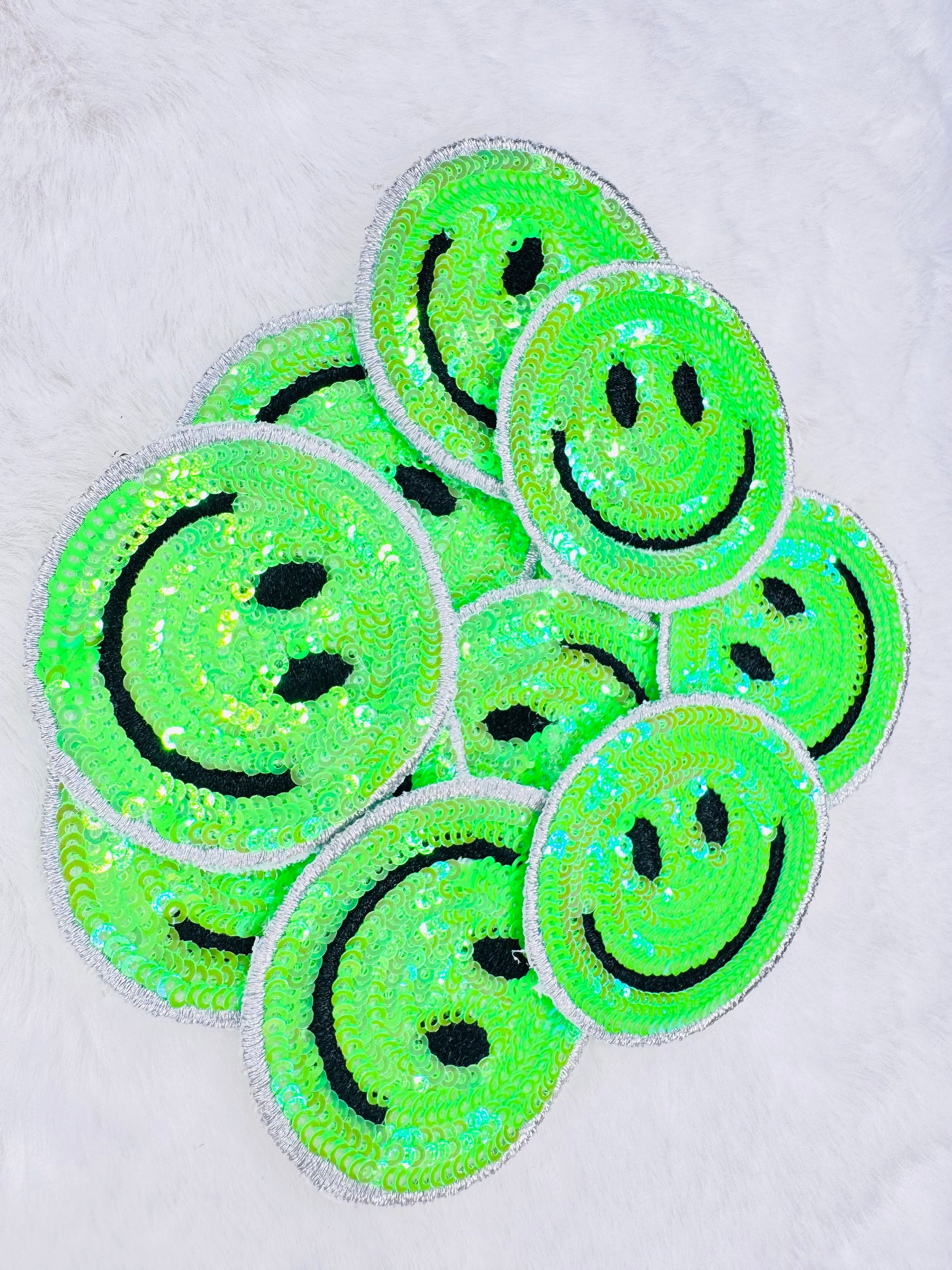 Neon green sequin smiley face patch 
