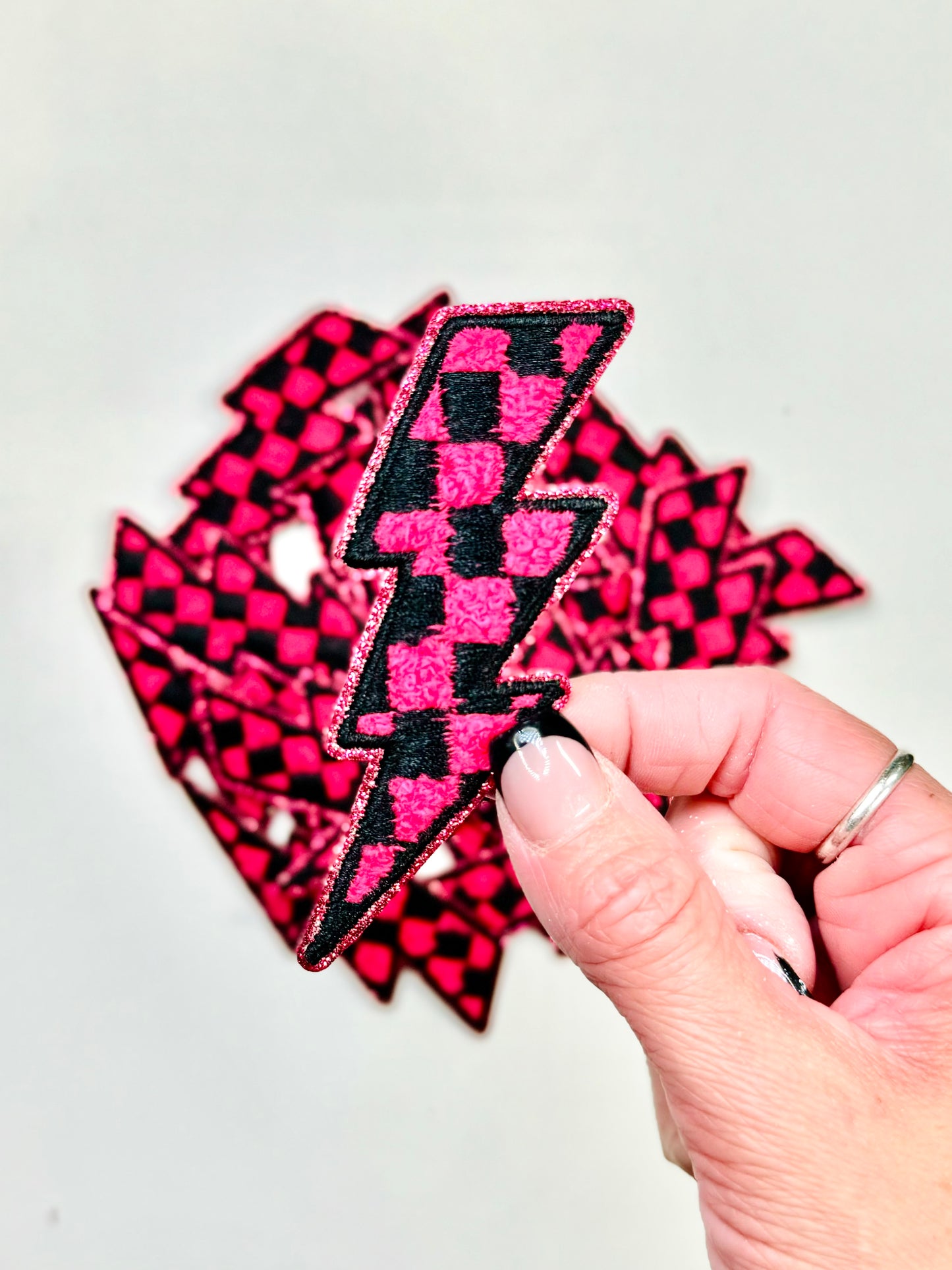 Pink & Black Checkered Lightning Bolt Embroidered Patch