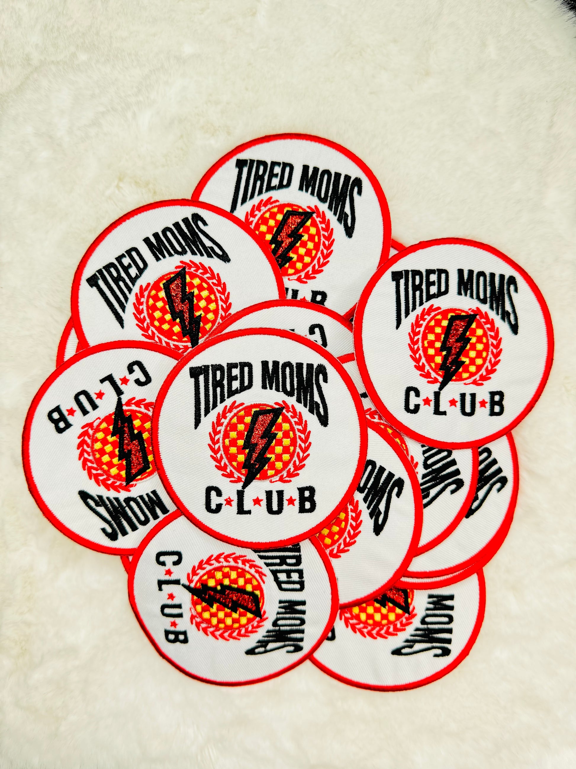 Round tired moms club embroidered patch