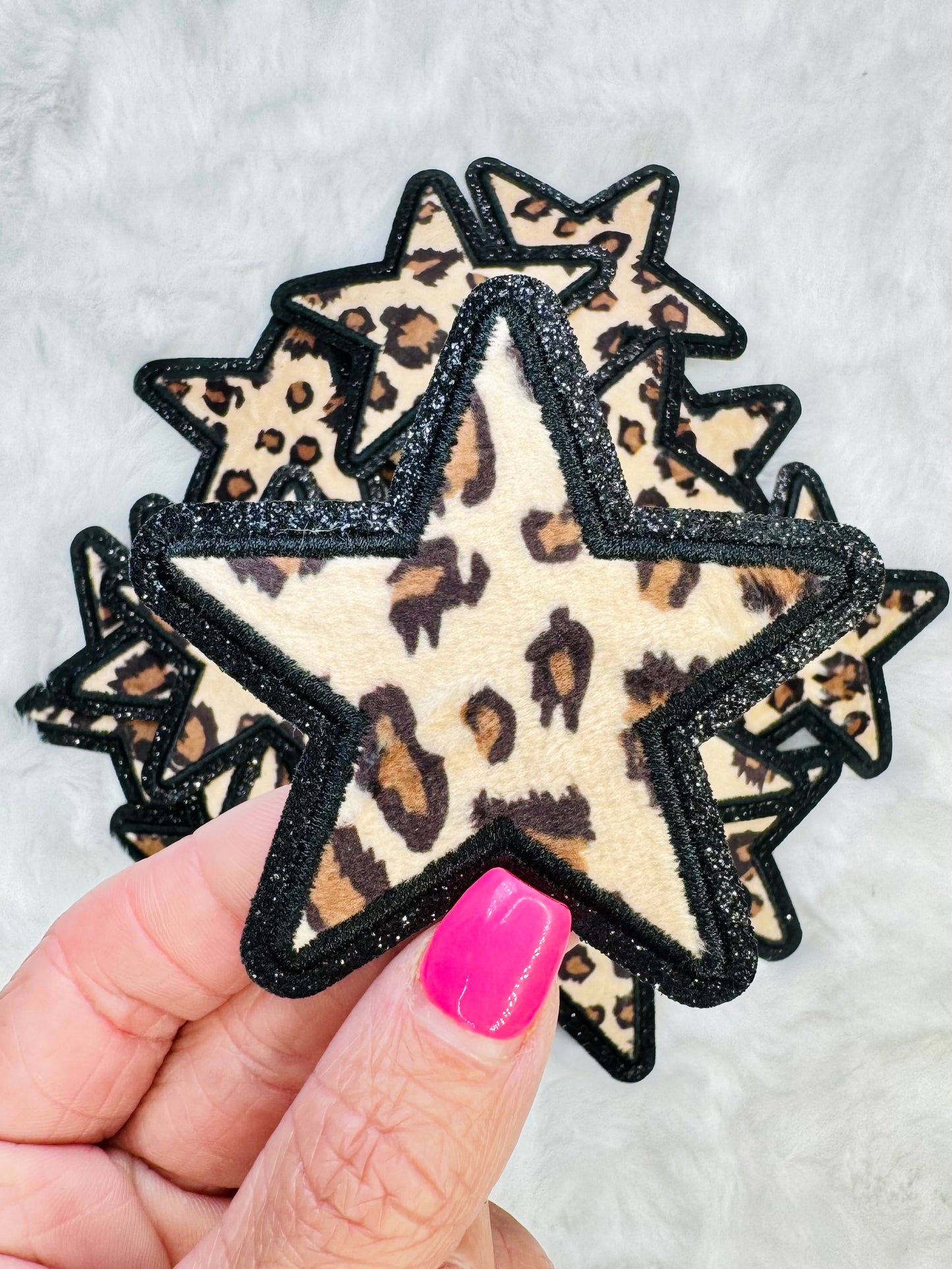 Leopard Star With Black Glitter Embroidered Patch