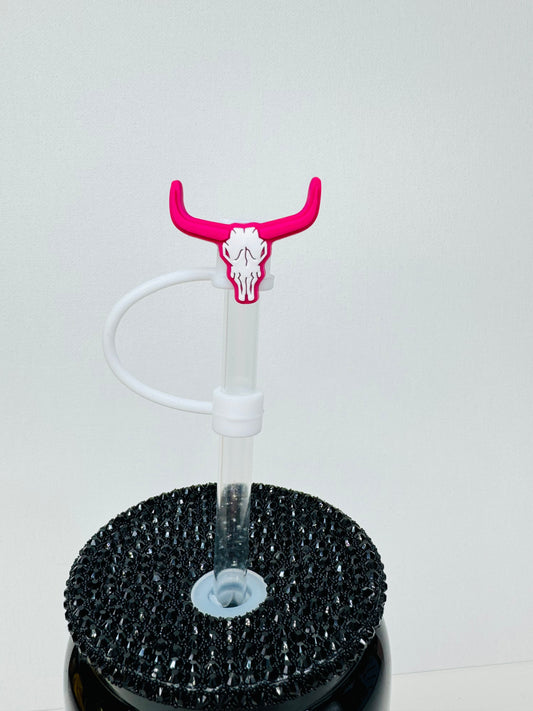 Pink Long Horn Skull Straw Topper