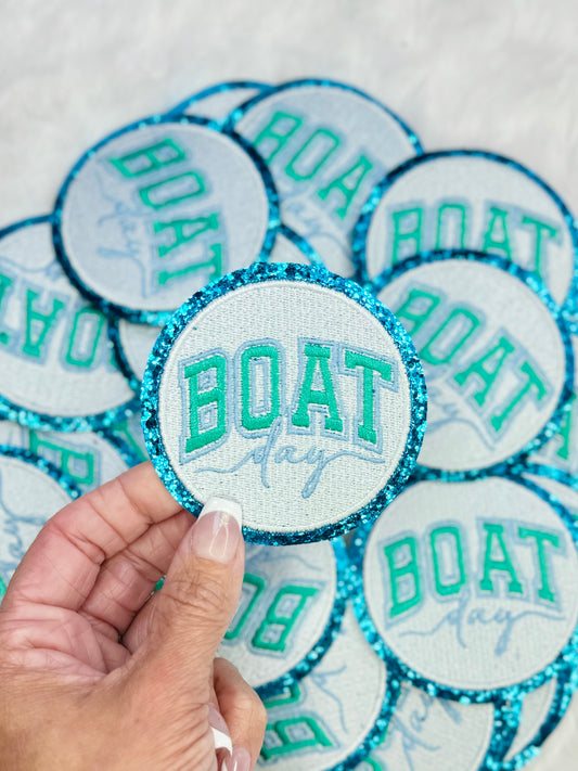 A close up of the Boat Day Glitter Embroidered Patch