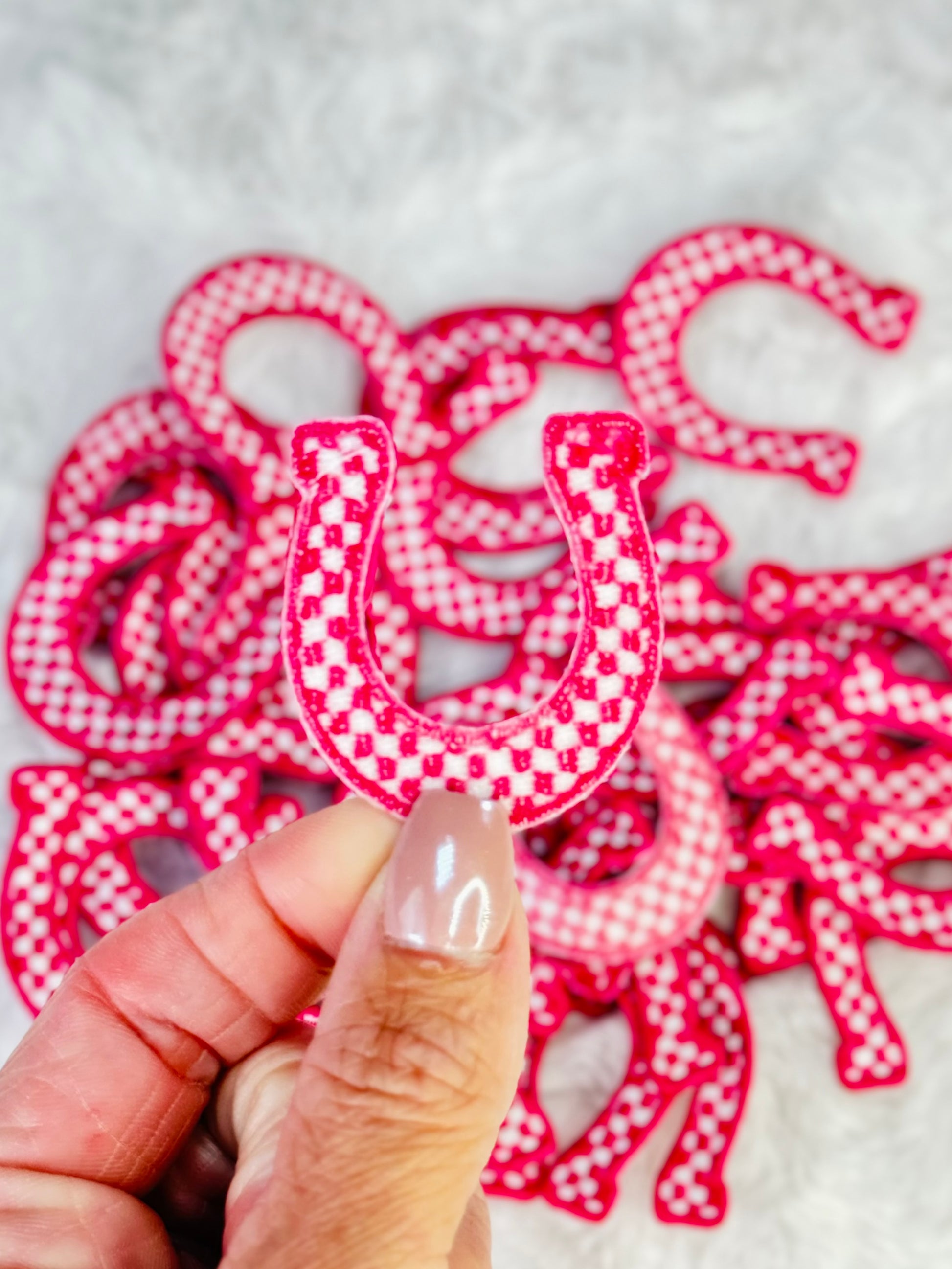 Pink & White Checkered Mini Horseshoe Embroidered Patch