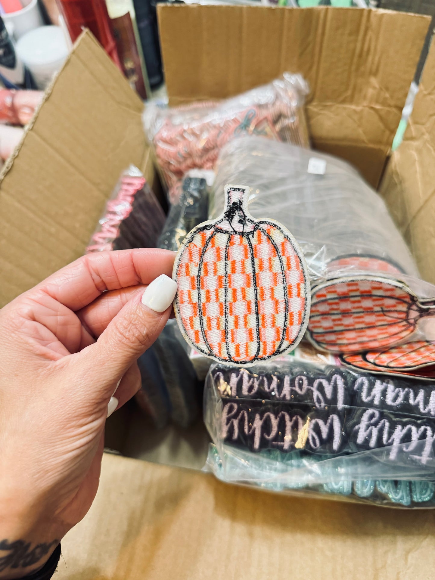 Pink Plaid Pumpkin Embroidered Patch