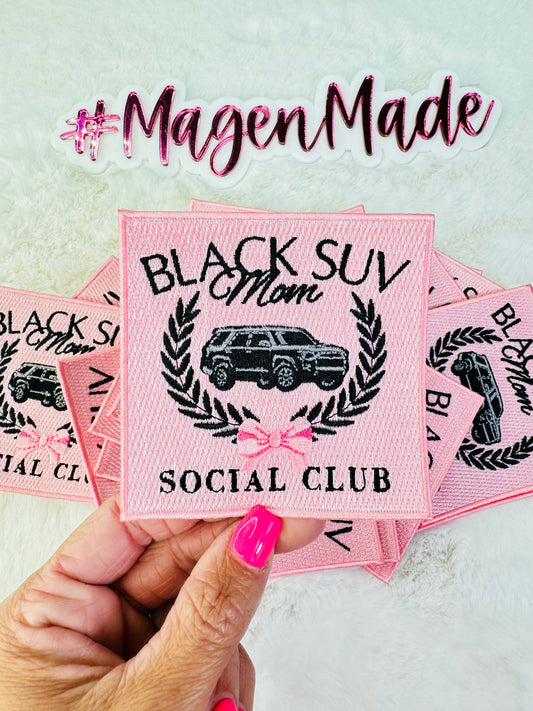 Black suv moms social club pink embroidered patch