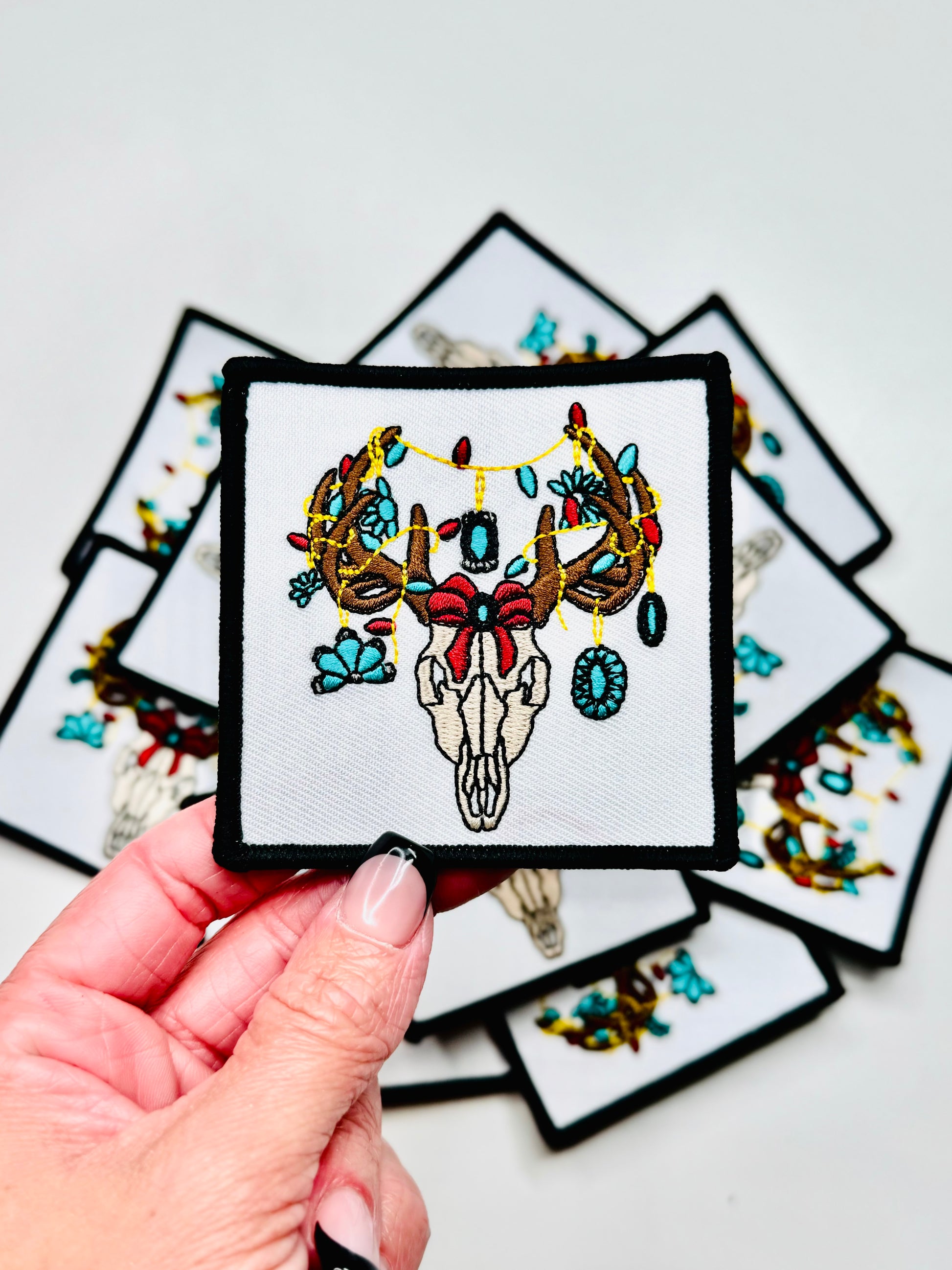 Bull Skull Decorated In Turquoise Jewels Embroidered Patch