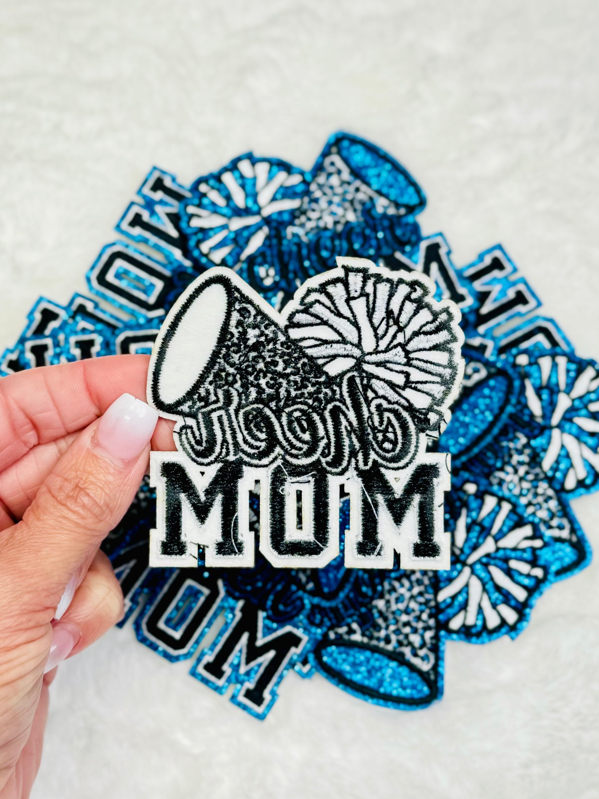 Cheer Mom Embroidered With Blue Glitter Patch