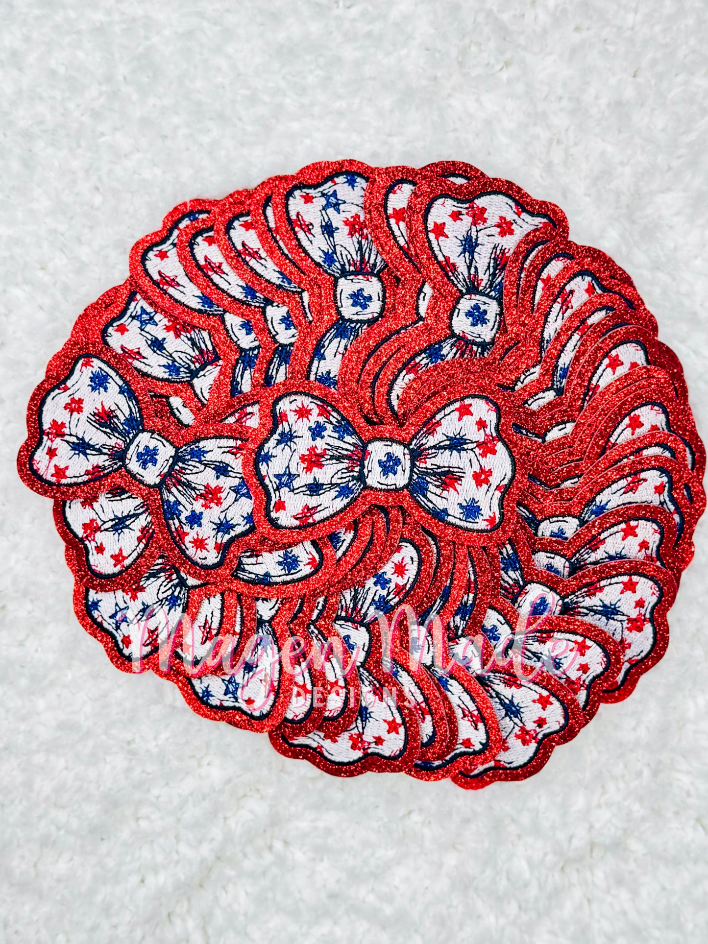 White Bow with Red And Blue Stars Embroidered & Glitter Patch