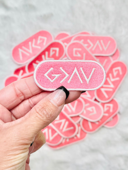 God Is Greater Than Pink Embroidered Patch