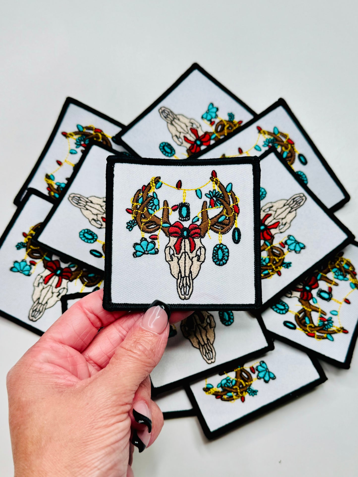 Bull Skull Decorated In Turquoise Jewels Embroidered Patch