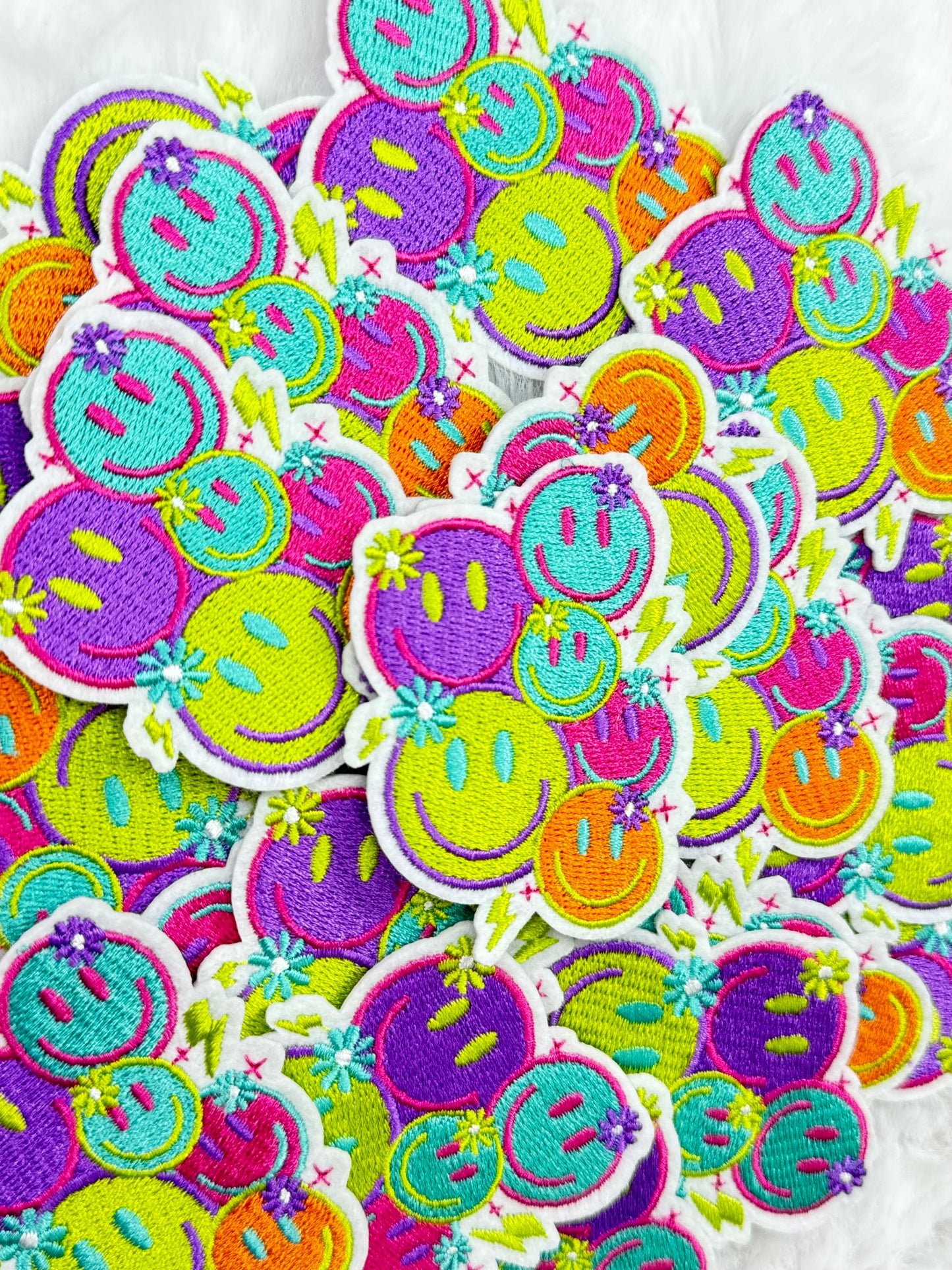 Neon Smiley Face Embroidered Patch