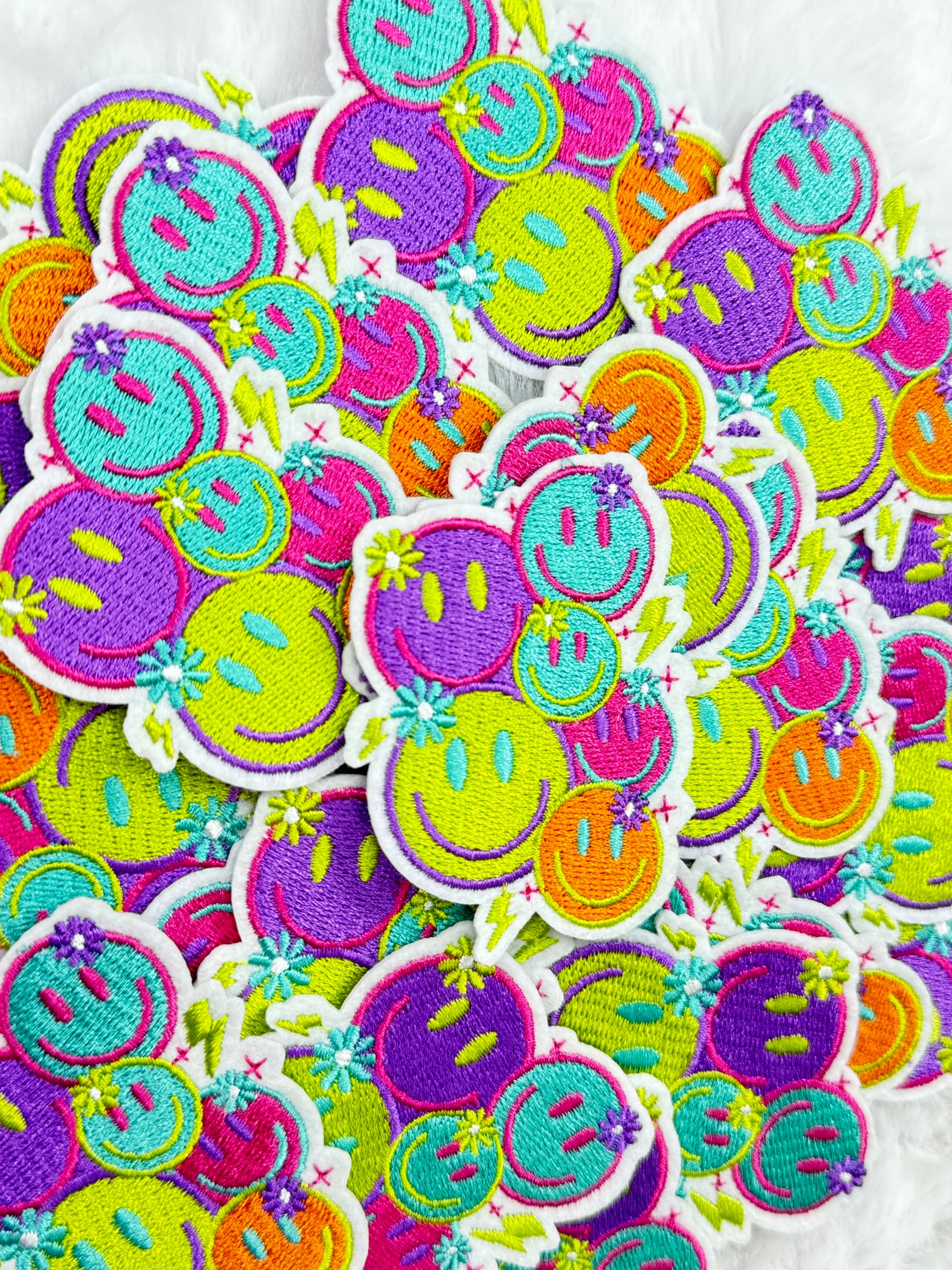 Neon Smiley Face Embroidered Patch