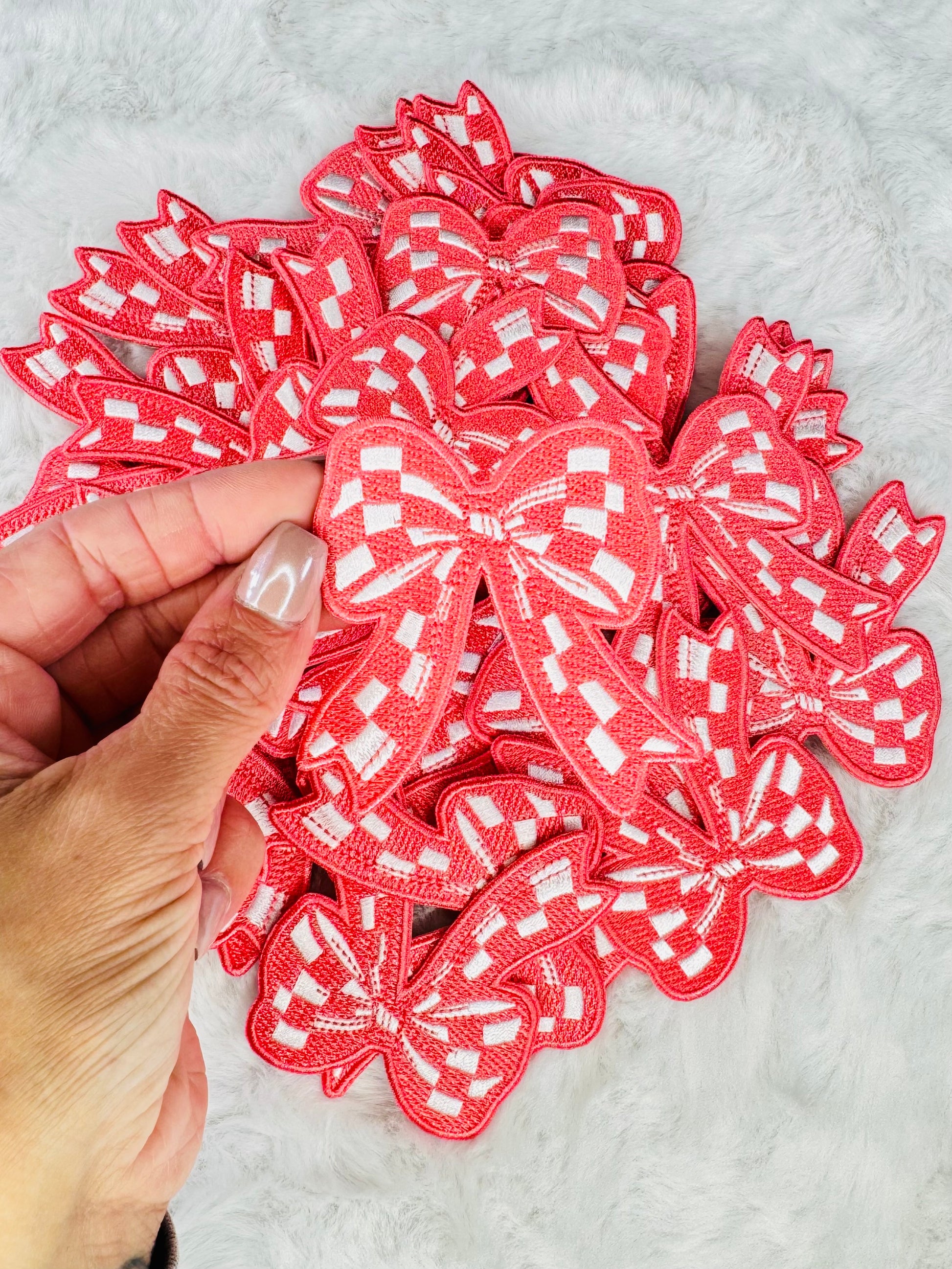 Pink Checkered Coquette Bow Embroidered Patch