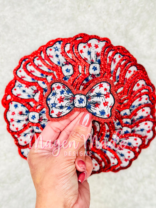 White Bow with Red And Blue Stars Embroidered & Glitter Patch