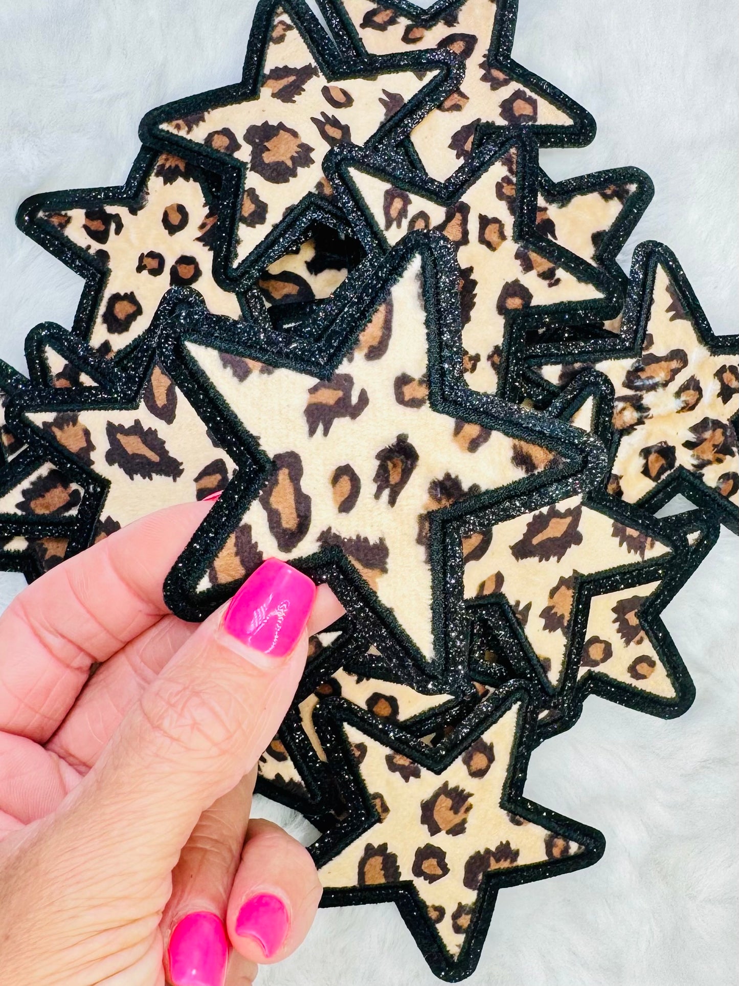 Leopard Star With Black Glitter Embroidered Patch