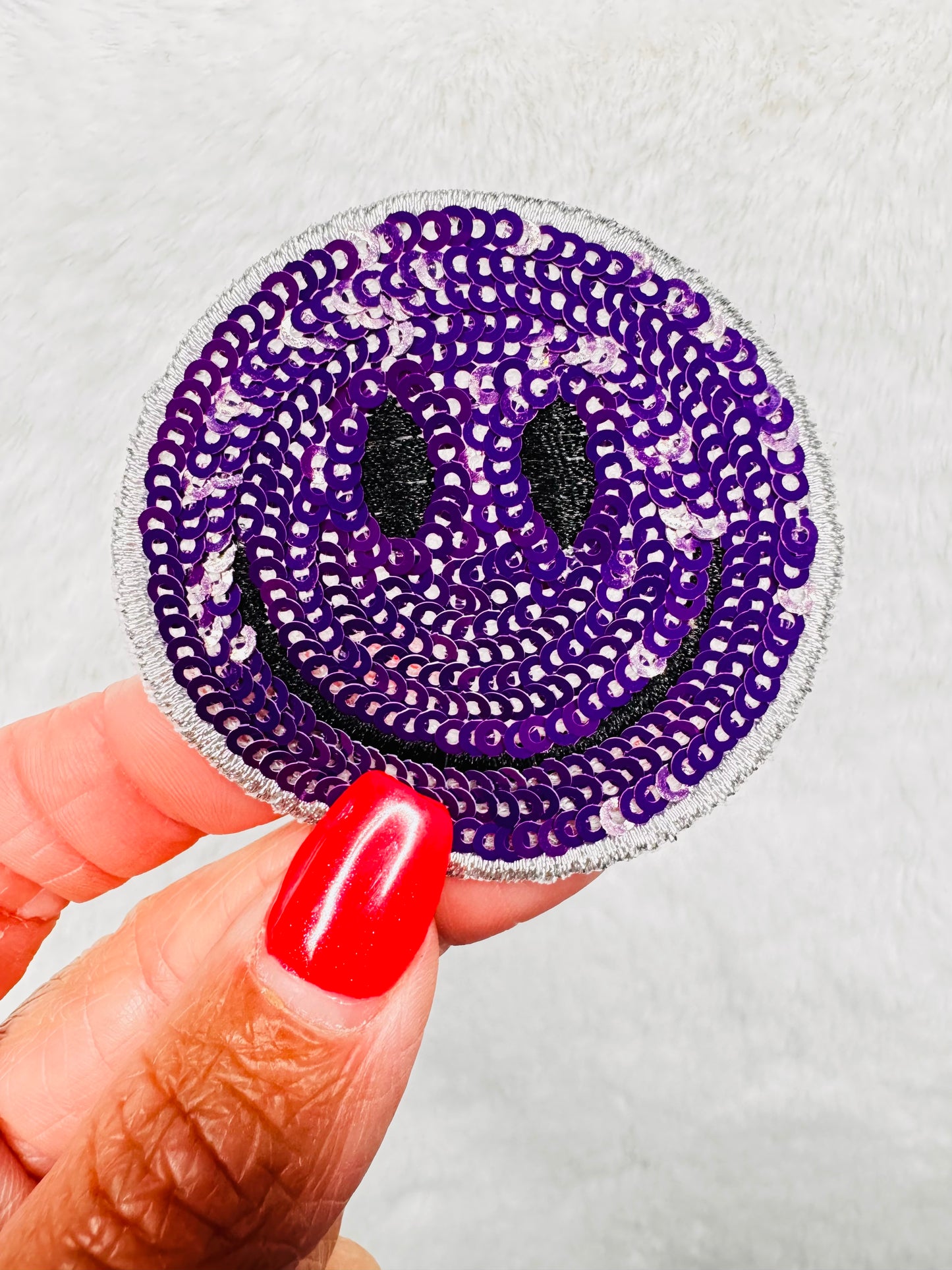 Purple sequin smiley face patch