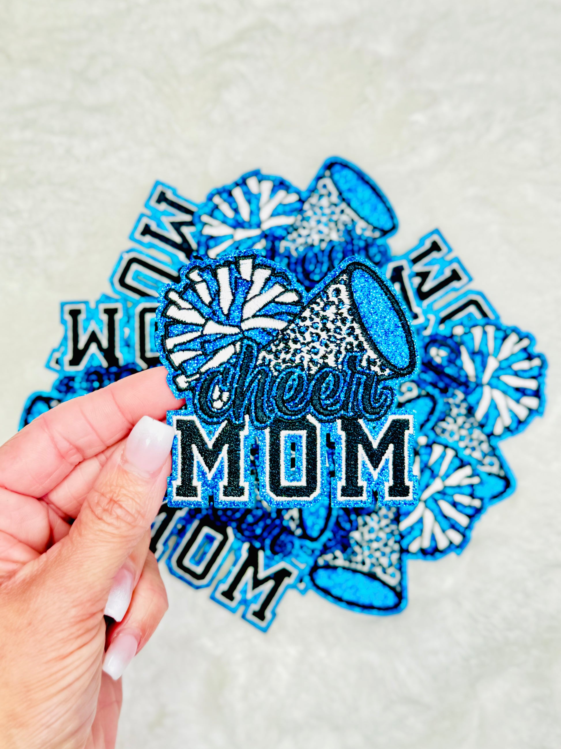 Cheer Mom Embroidered With Blue Glitter Patch