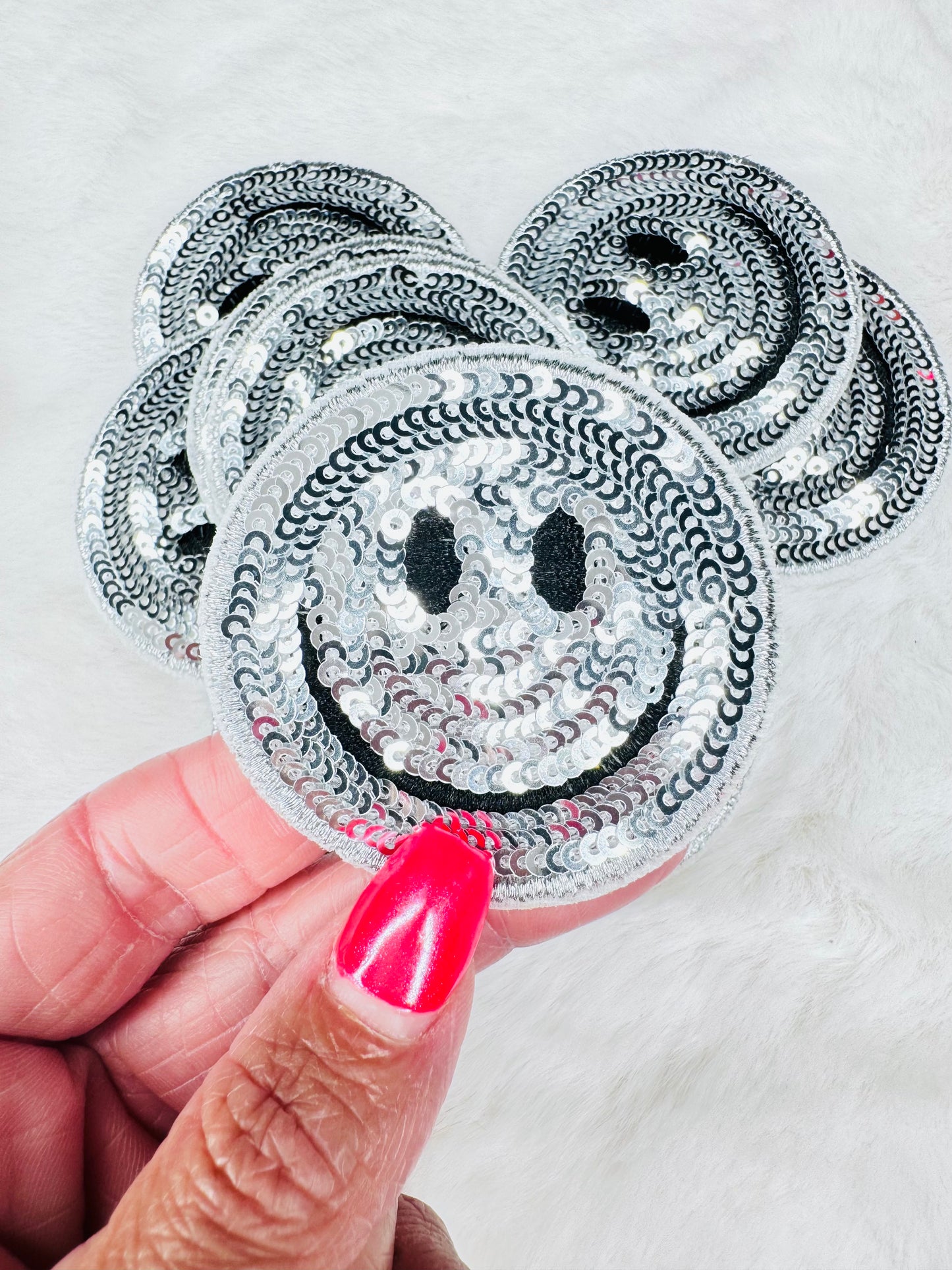 Silver Sequin Smiley Face Patch
