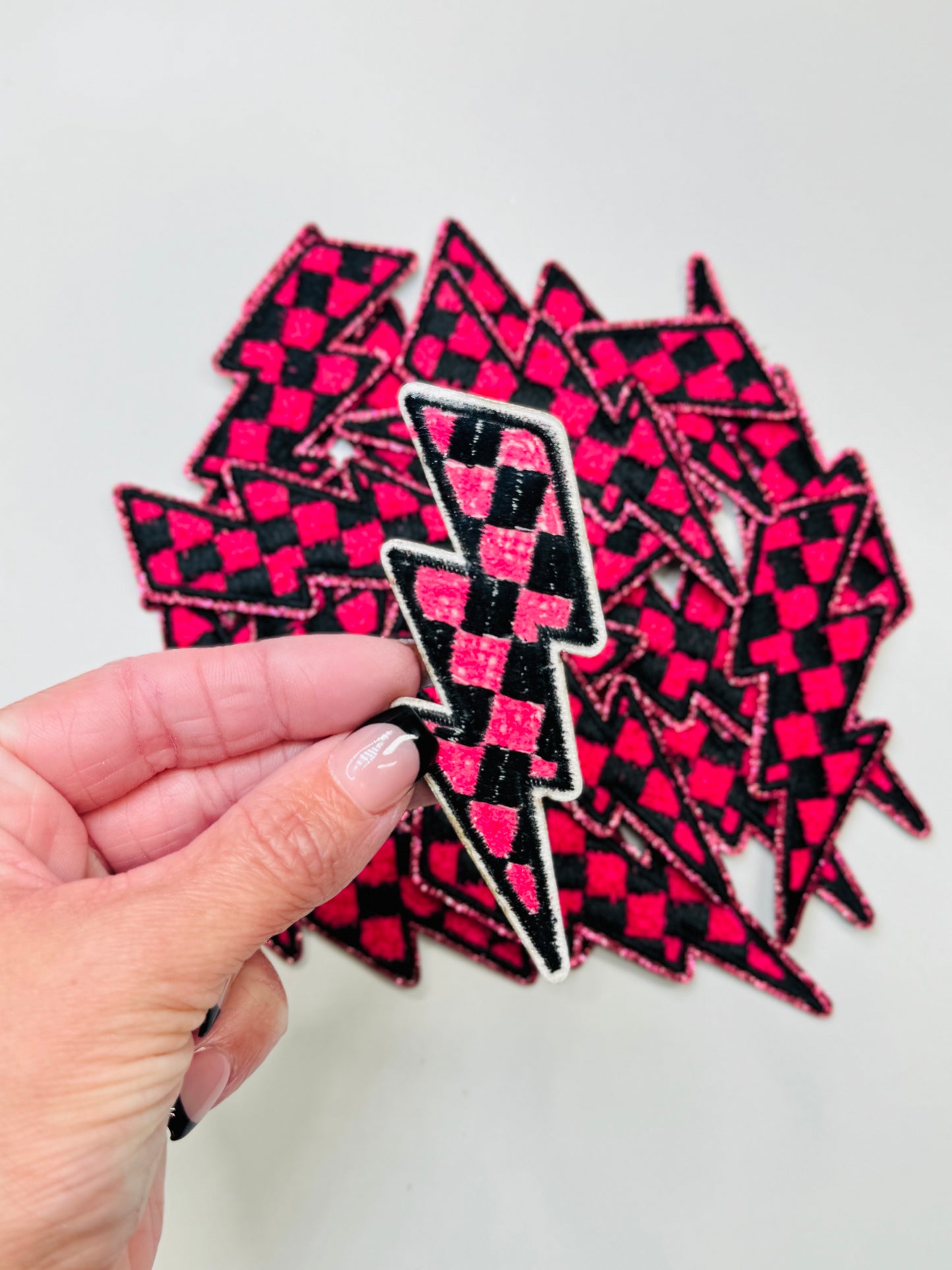 Pink & Black Checkered Lightning Bolt Embroidered Patch