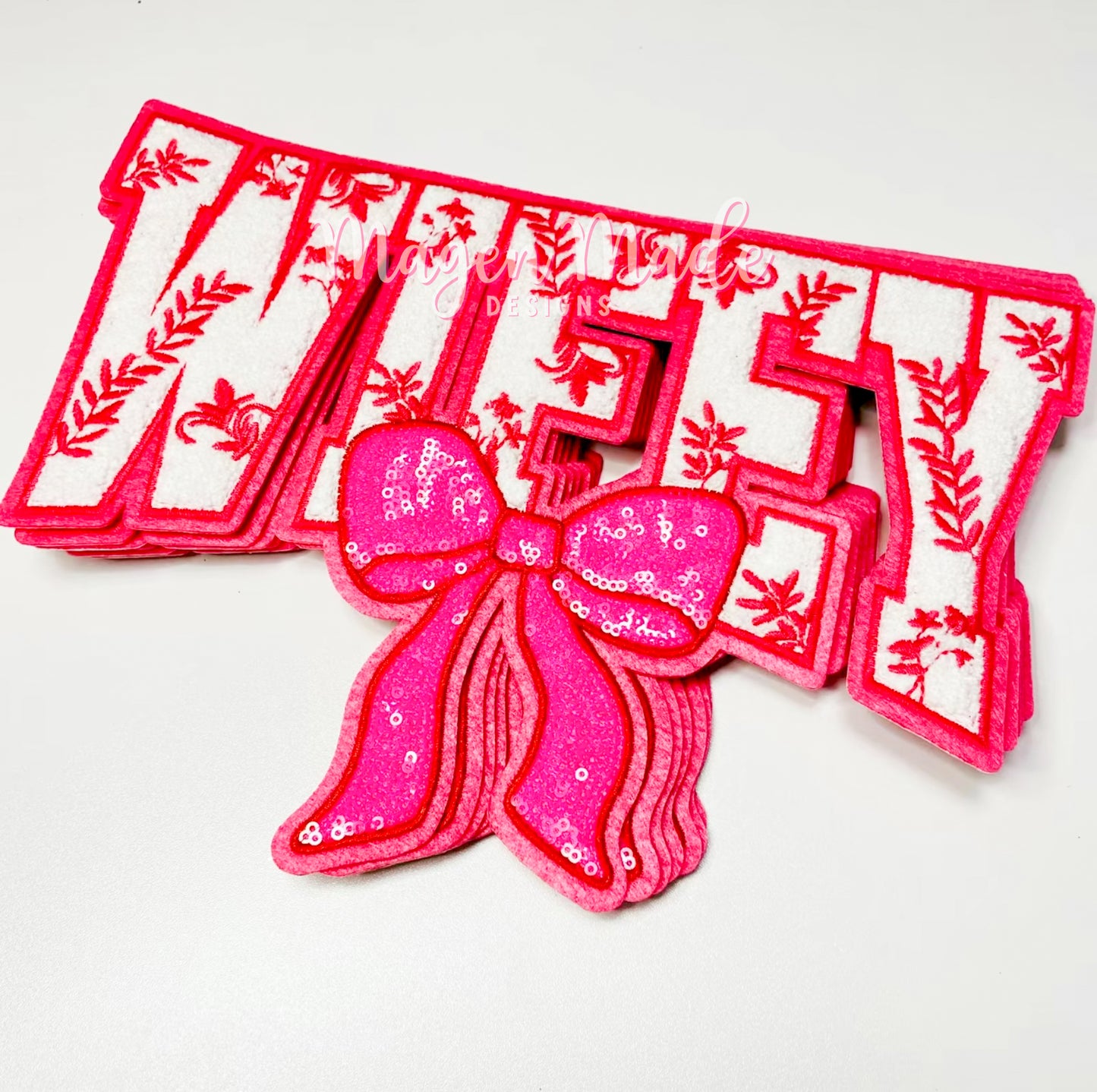 Pink Wifey With Bow Chenille & Sequins Patch