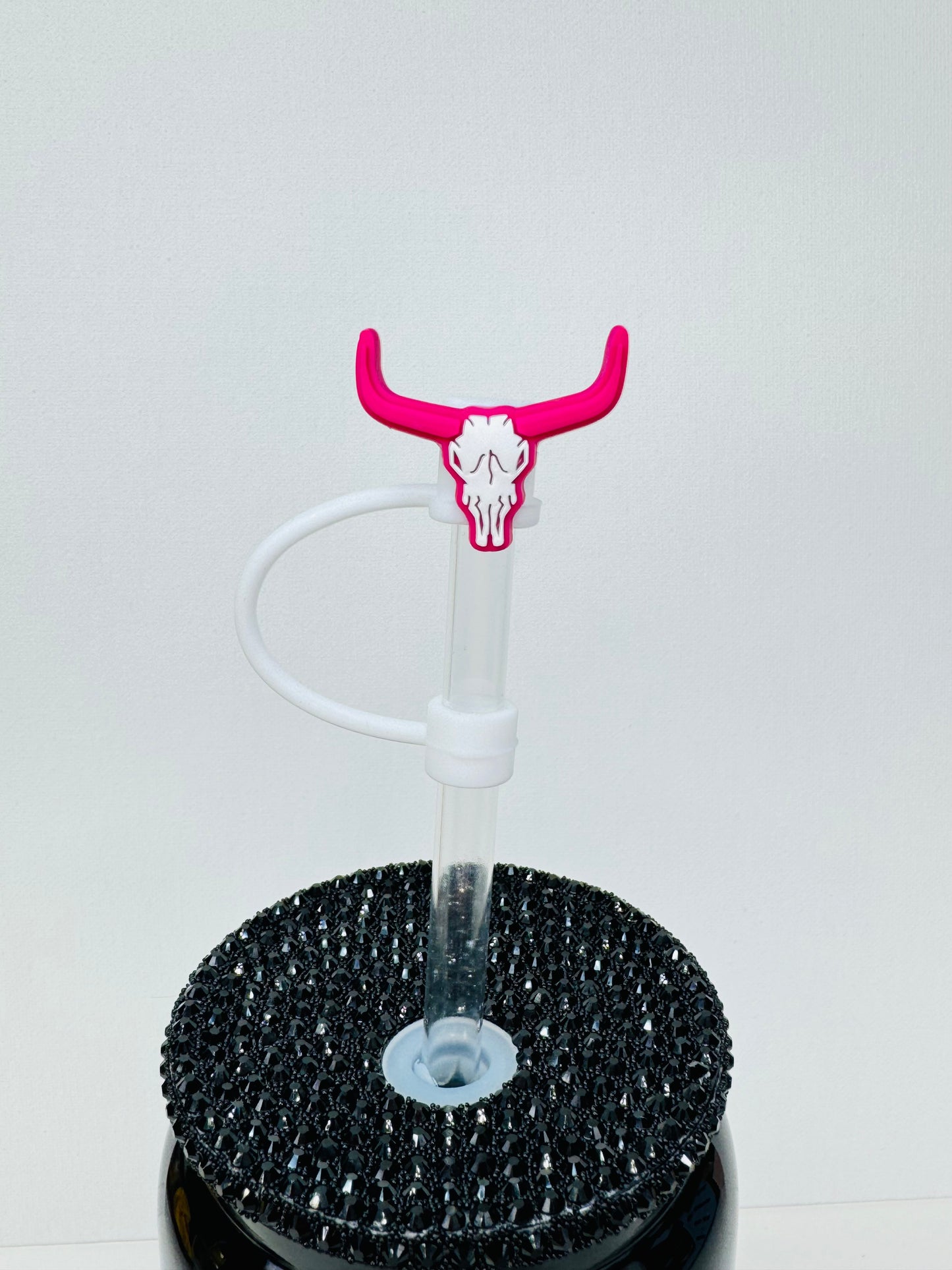 Pink Long Horn Skull Straw Topper