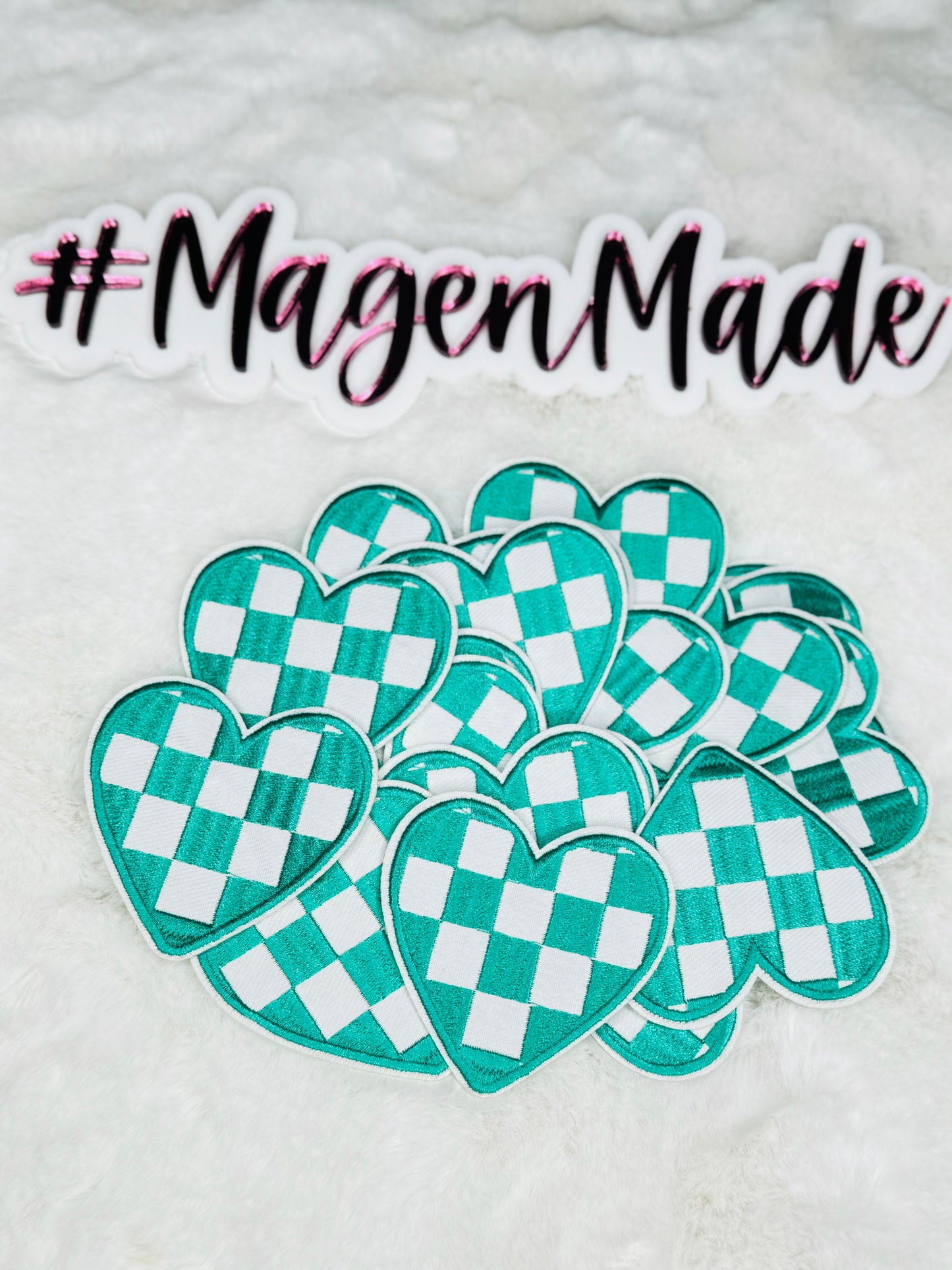 Teal and White Checkered Heart Embroidered Patch