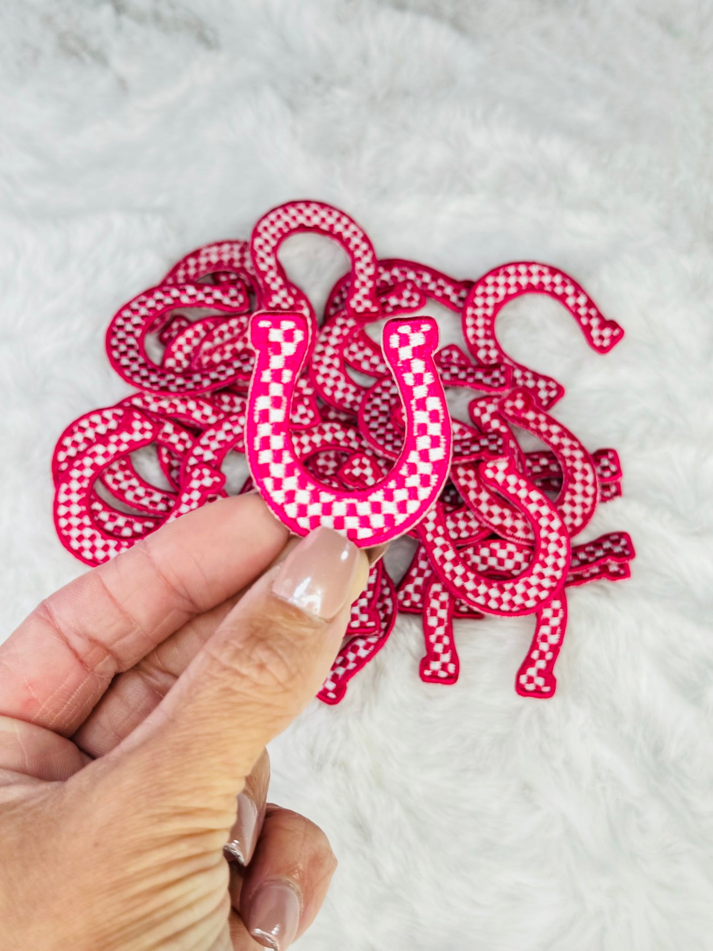 Pink & White Checkered Mini Horseshoe Embroidered Patch